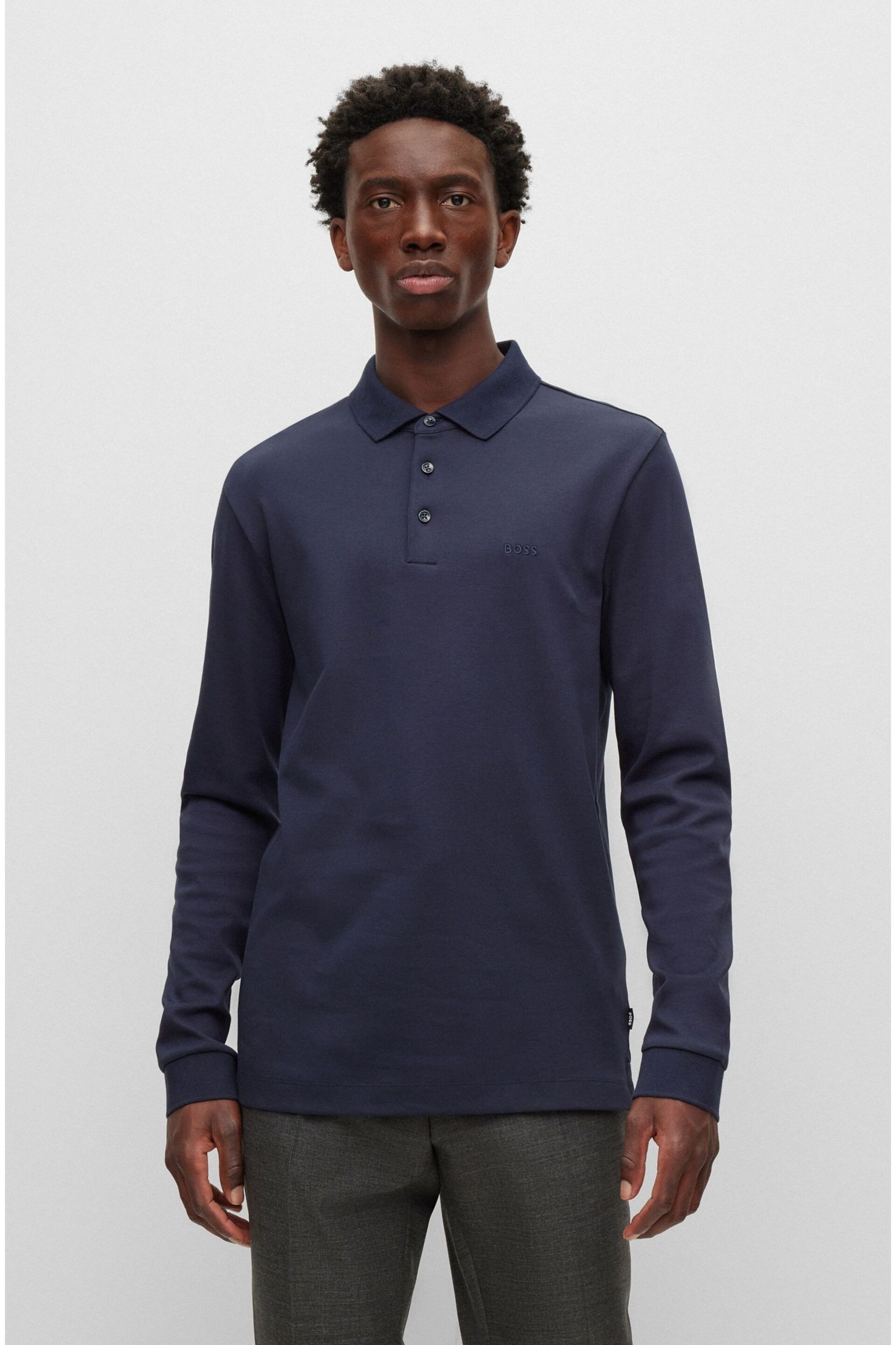 BOSS Blue Pado Tonal Branded Long Sleeve Polo Shirt - Image 1 of 5