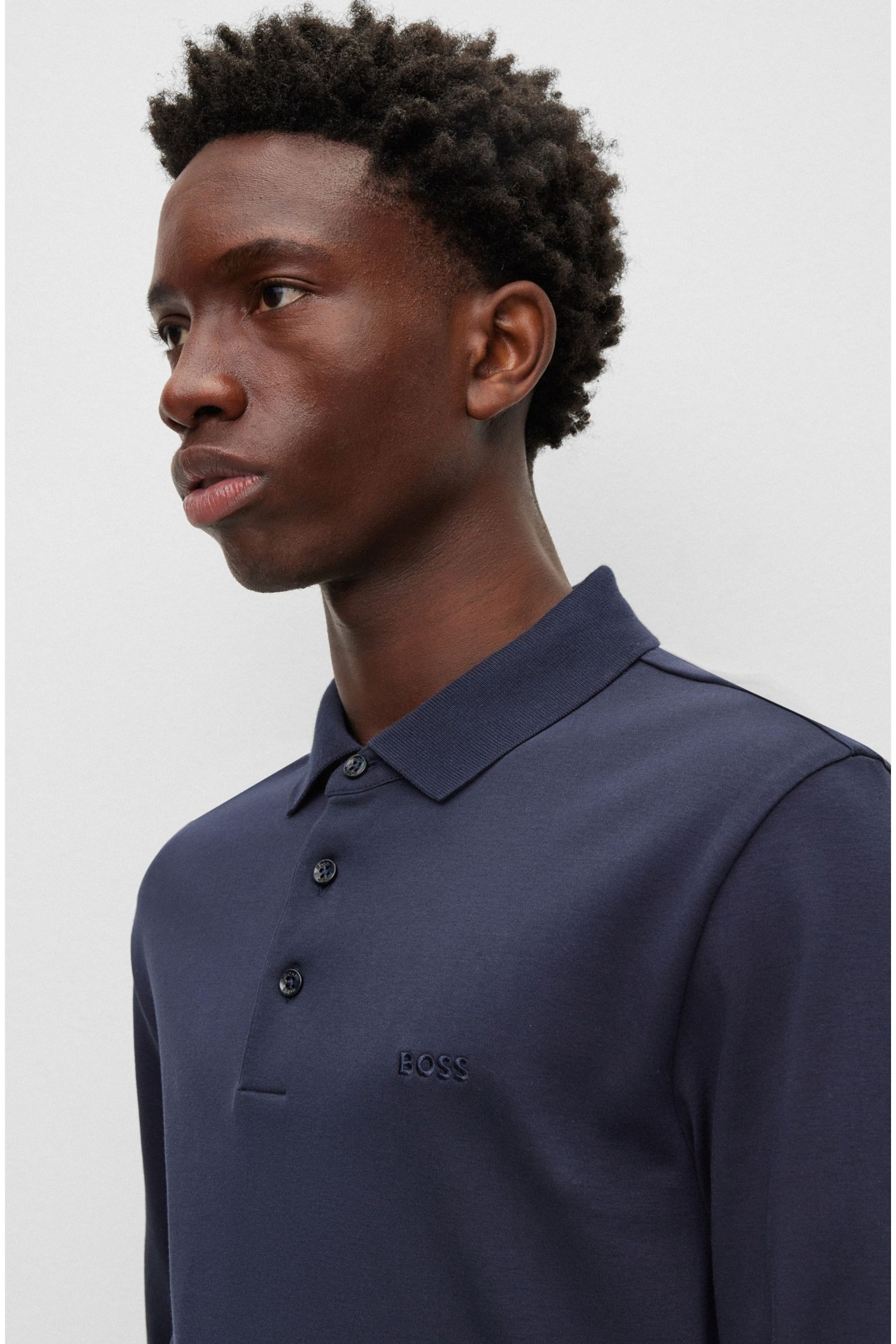 BOSS Blue Pado Tonal Branded Long Sleeve Polo Shirt - Image 4 of 5