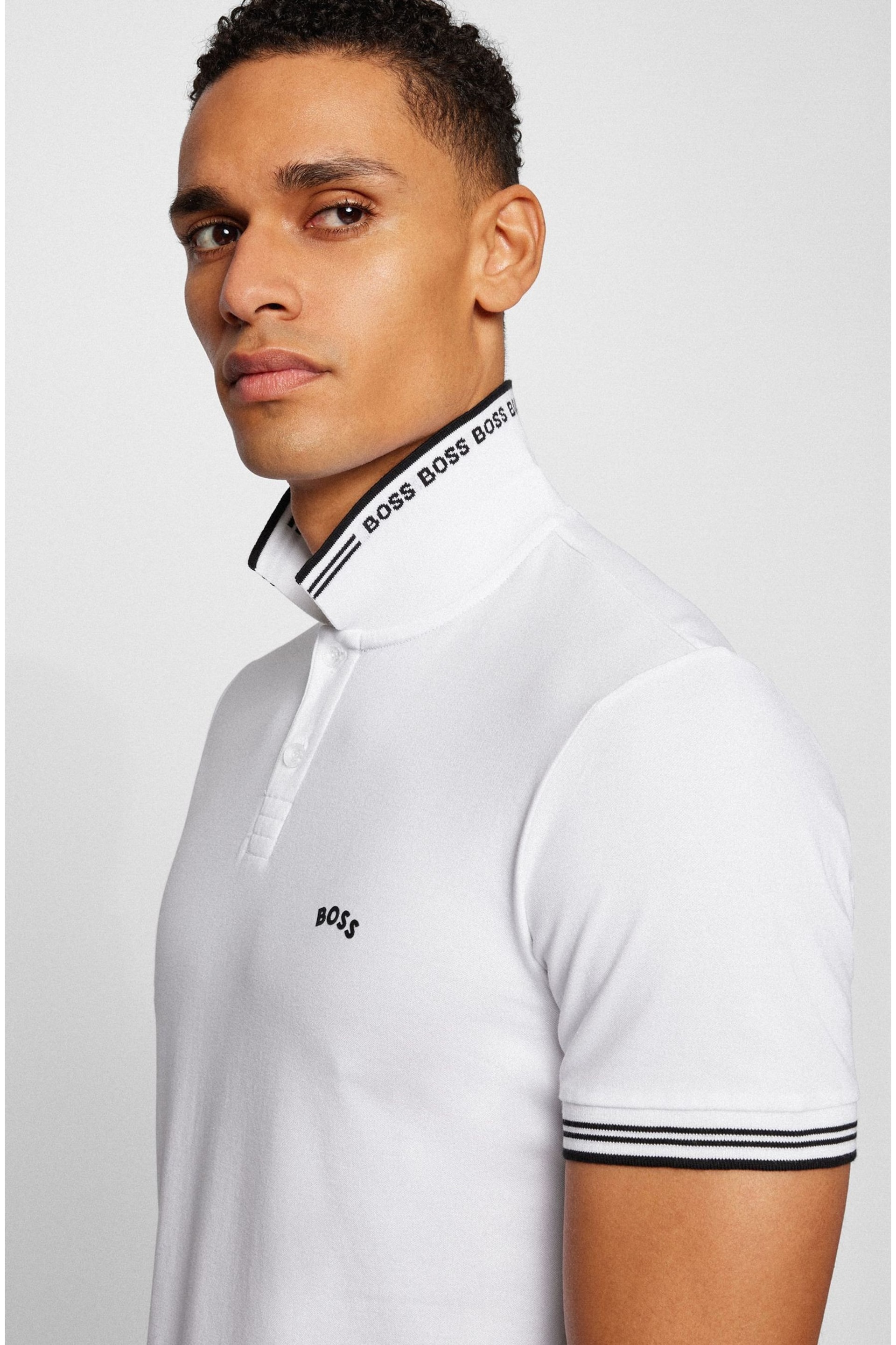 BOSS White Tipped Slim Fit Stretch Cotton Polo Shirt - Image 4 of 5