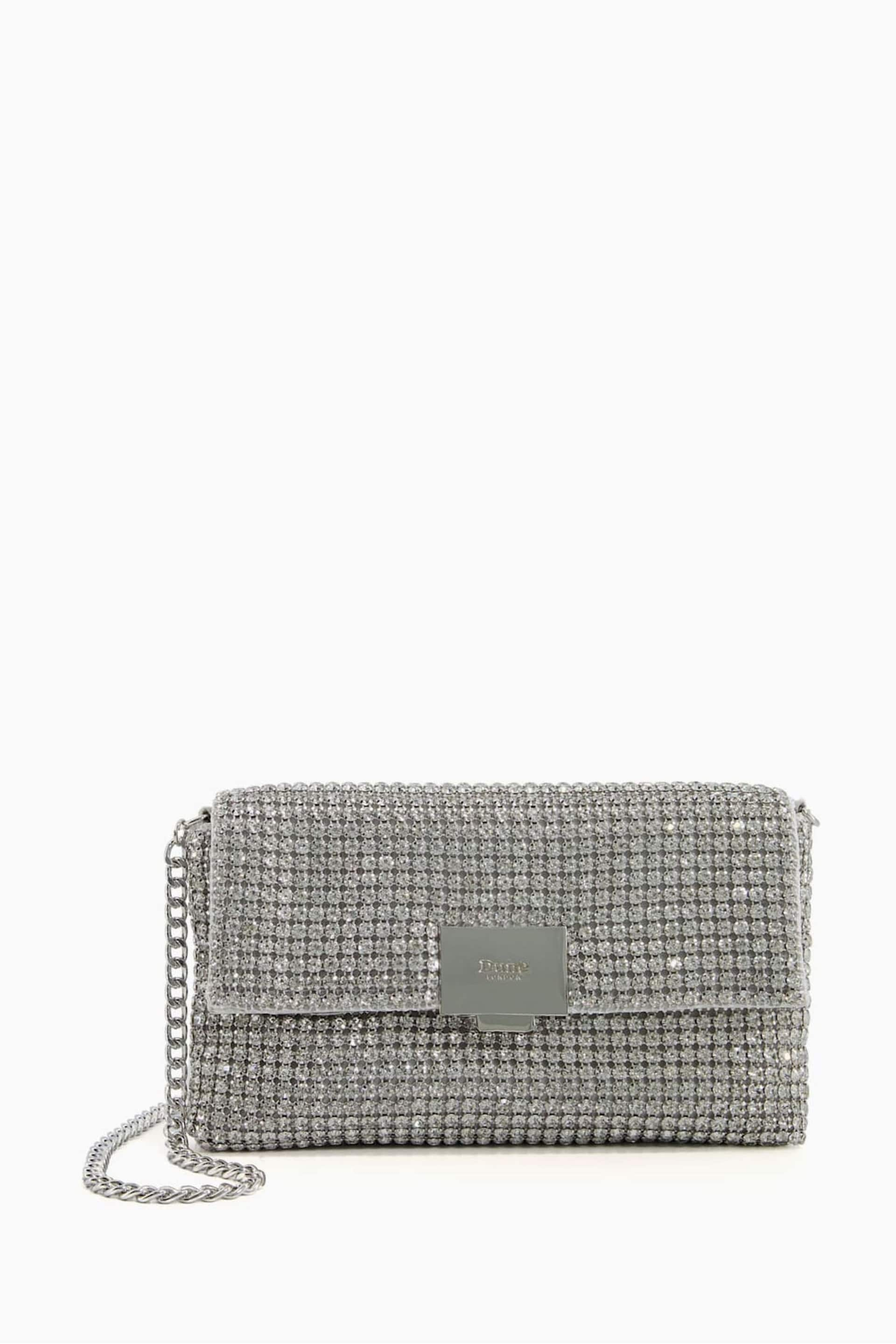 Dune London Silver Metallic Evanders Square Lock Diamanté Bag - Image 1 of 2