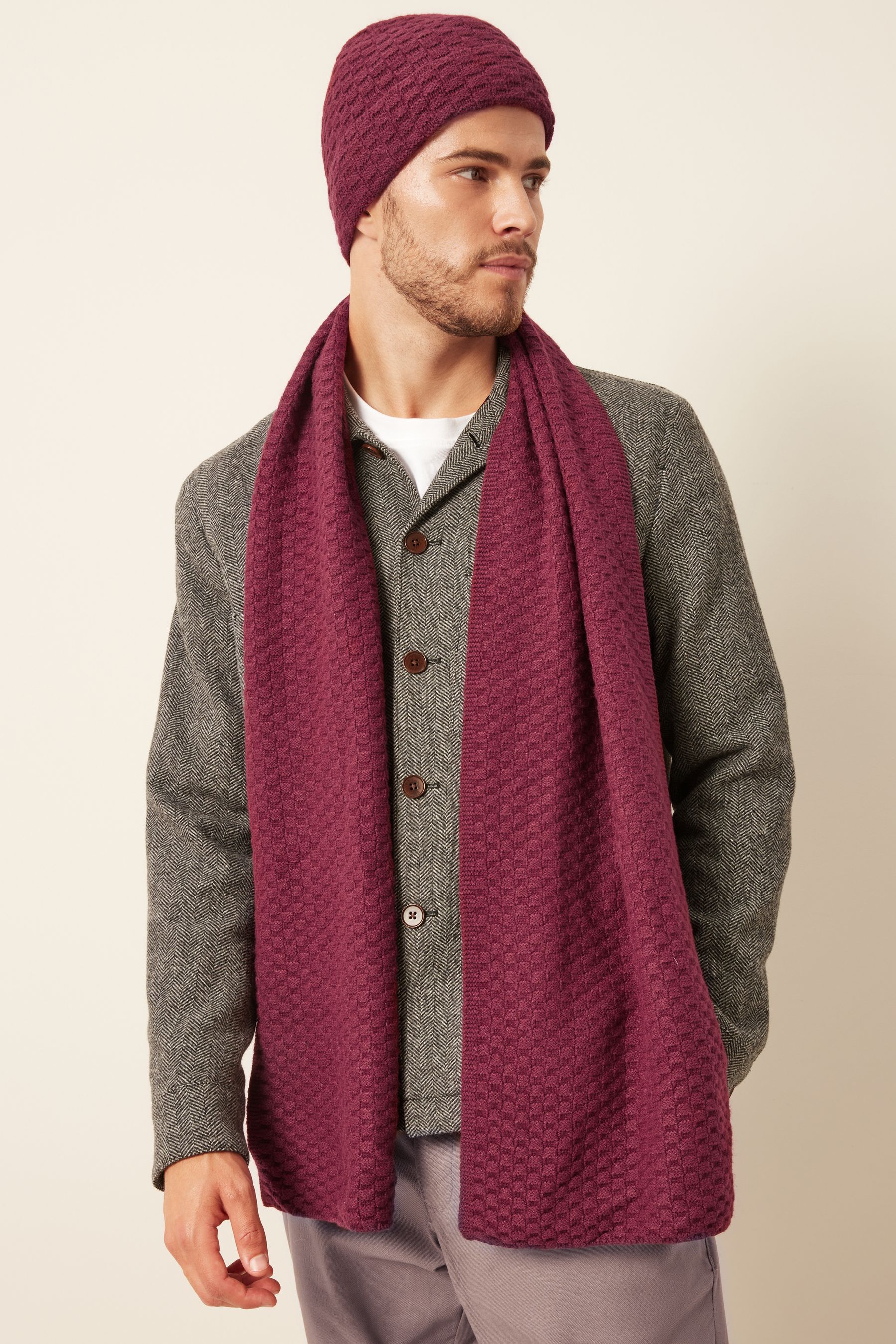 Buy Burgundy Red Textured Beanie Hat and Scarf Set from Next Ireland