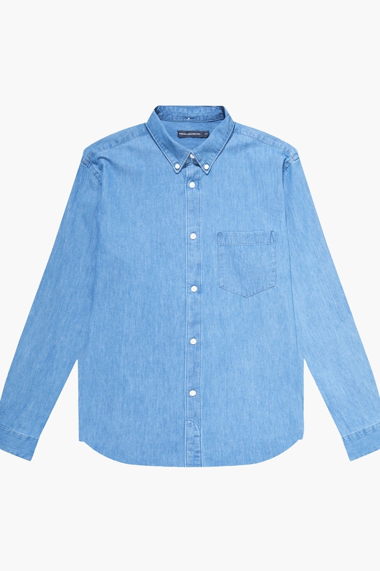 French Connection Blue Denim Long Sleeve 100% Cotton Shirt - Image 4 of 4