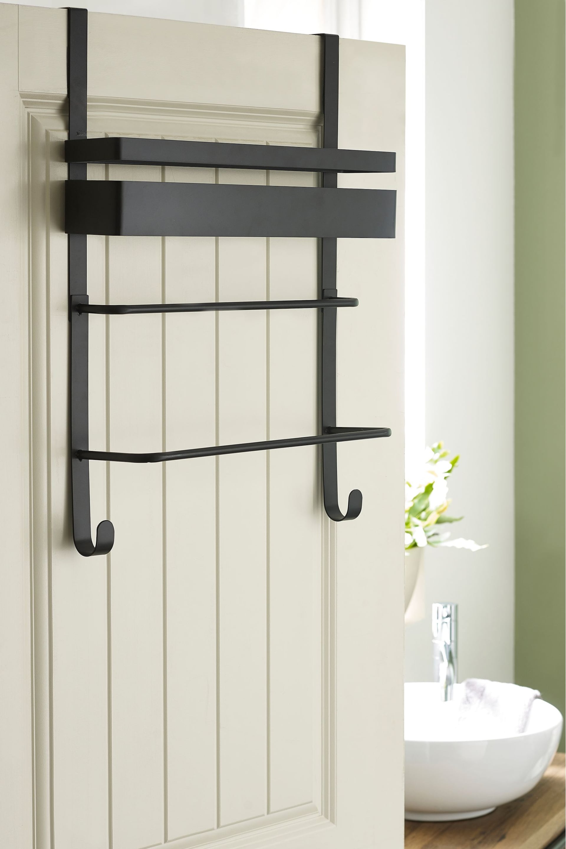Black Over Door Storage Caddy and Towel Rack Shelf Unit - Image 2 of 3