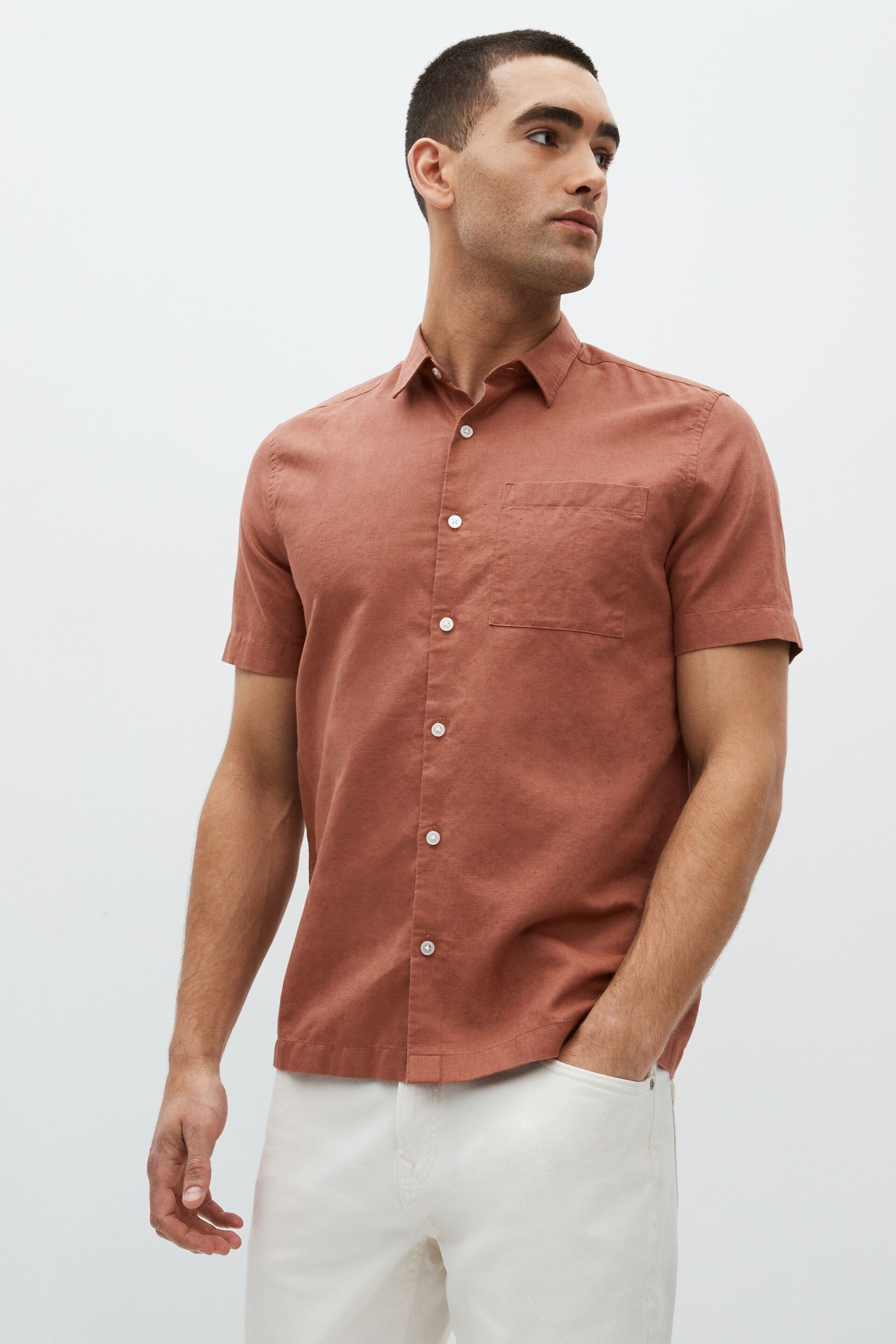 Brown Standard Collar Linen Blend Short Sleeve Shirt - Image 1 of 8