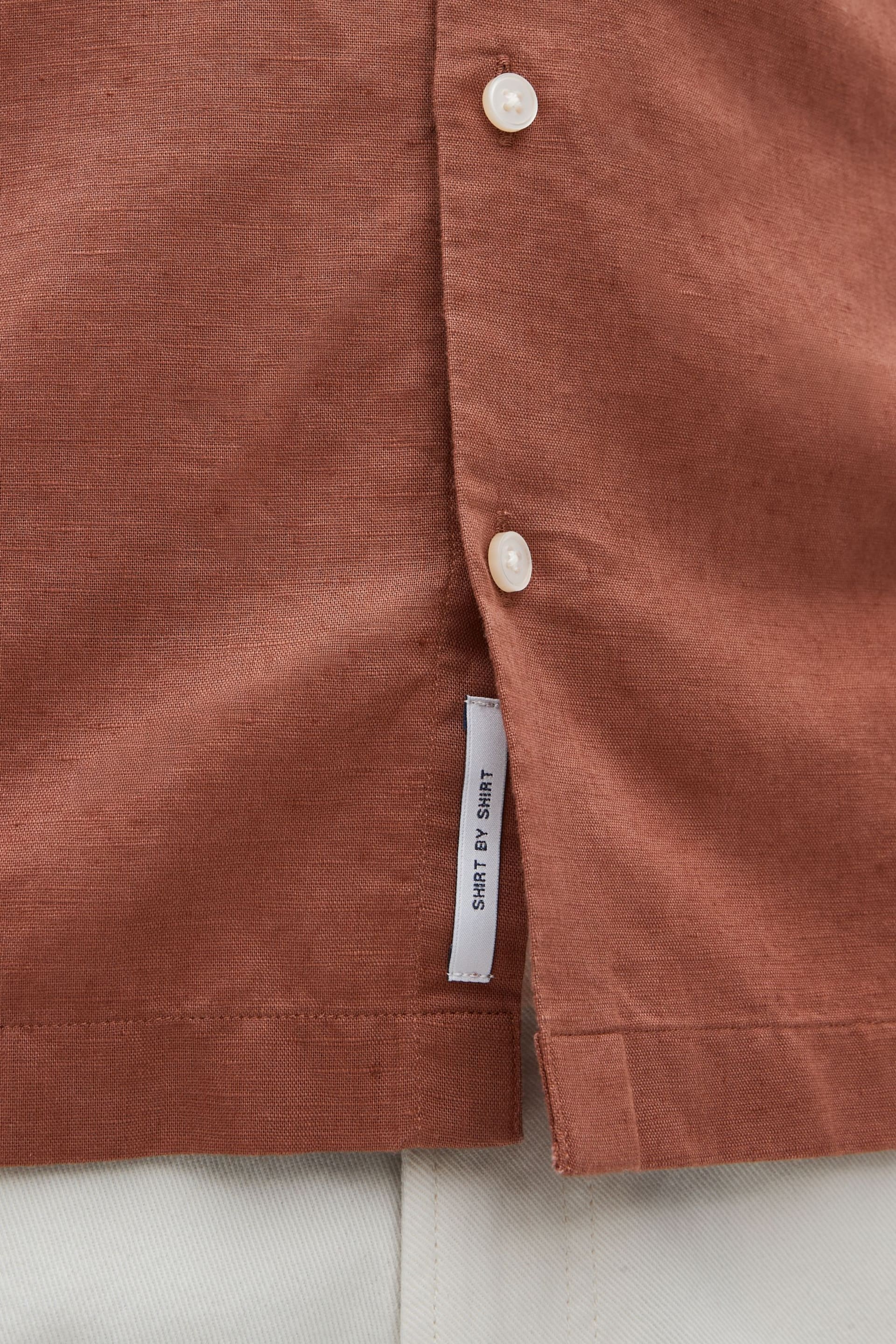 Brown Standard Collar Linen Blend Short Sleeve Shirt - Image 5 of 8