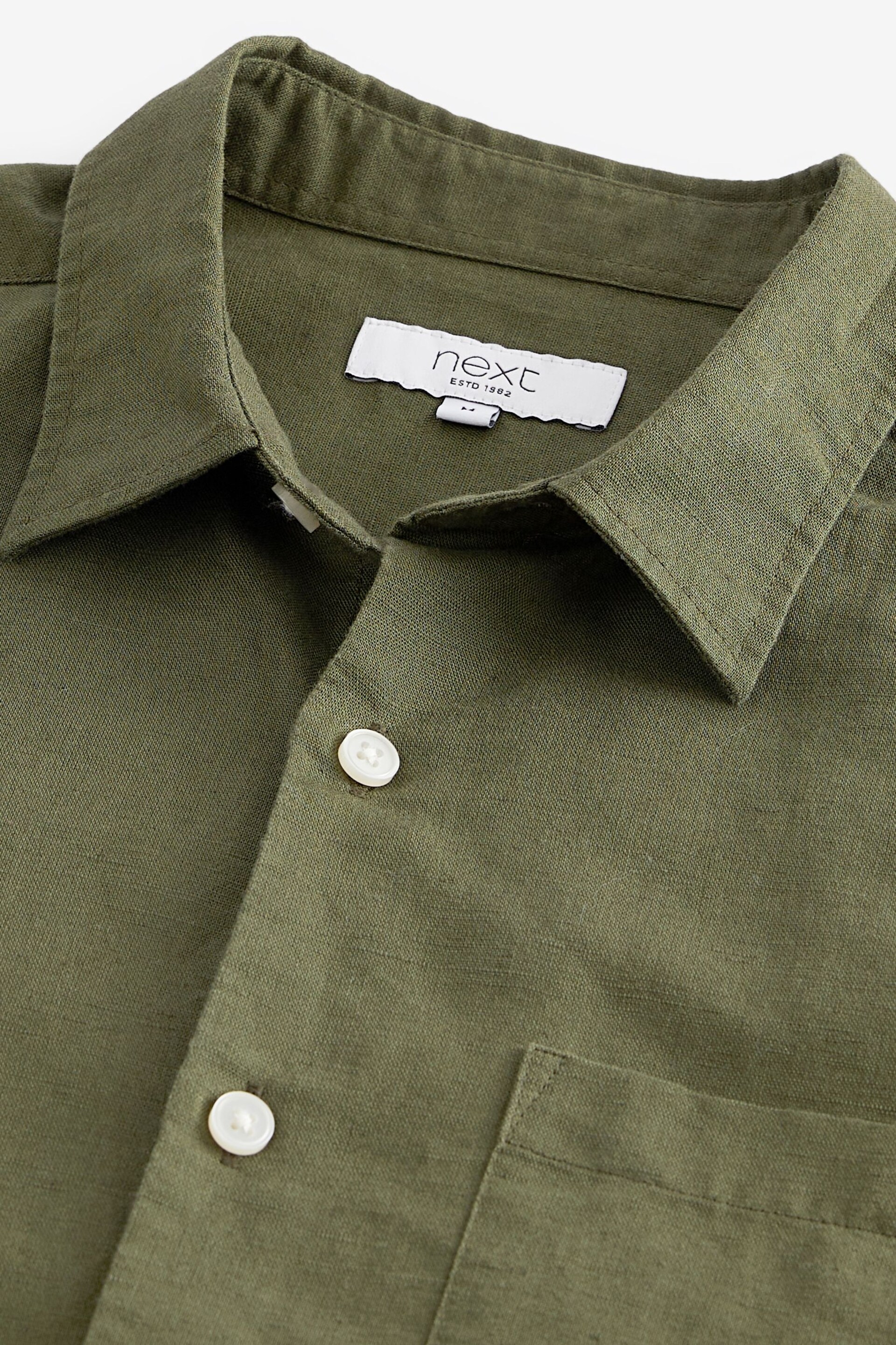 Dark Green Standard Collar Linen Blend Short Sleeve Shirt - Image 7 of 8