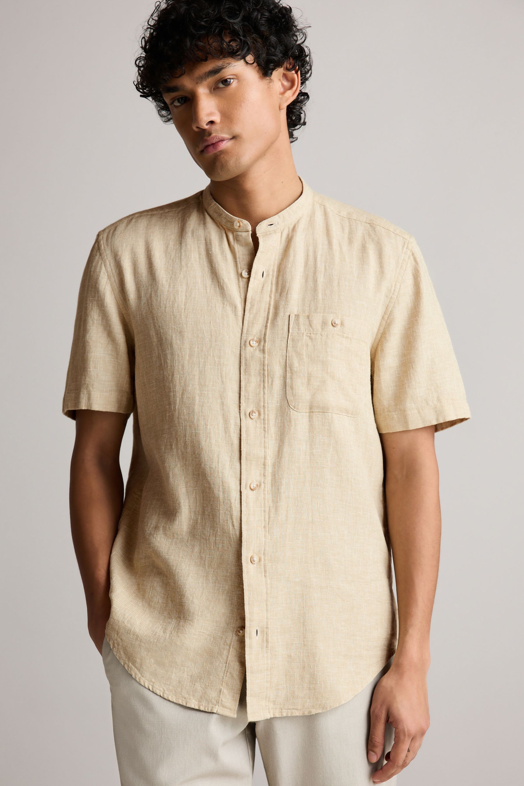 Buy Neutral Grandad Collar Linen Blend Short Sleeve 100 Cotton Shirt from Next United Arab Emirates