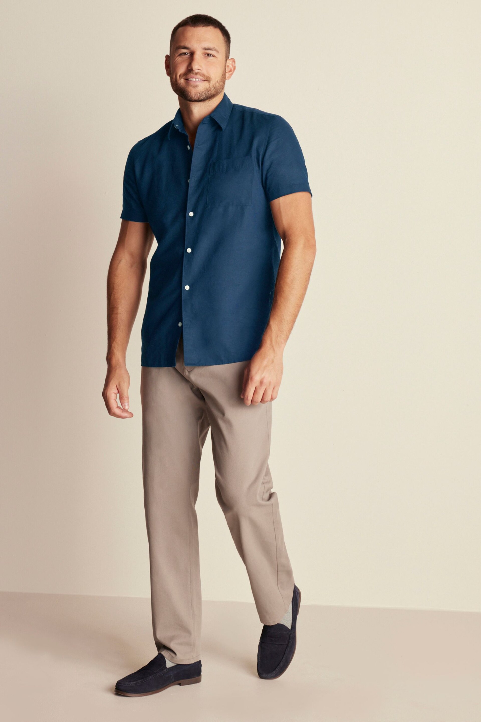 Navy Standard Collar Linen Blend Short Sleeve Shirt - Image 2 of 7