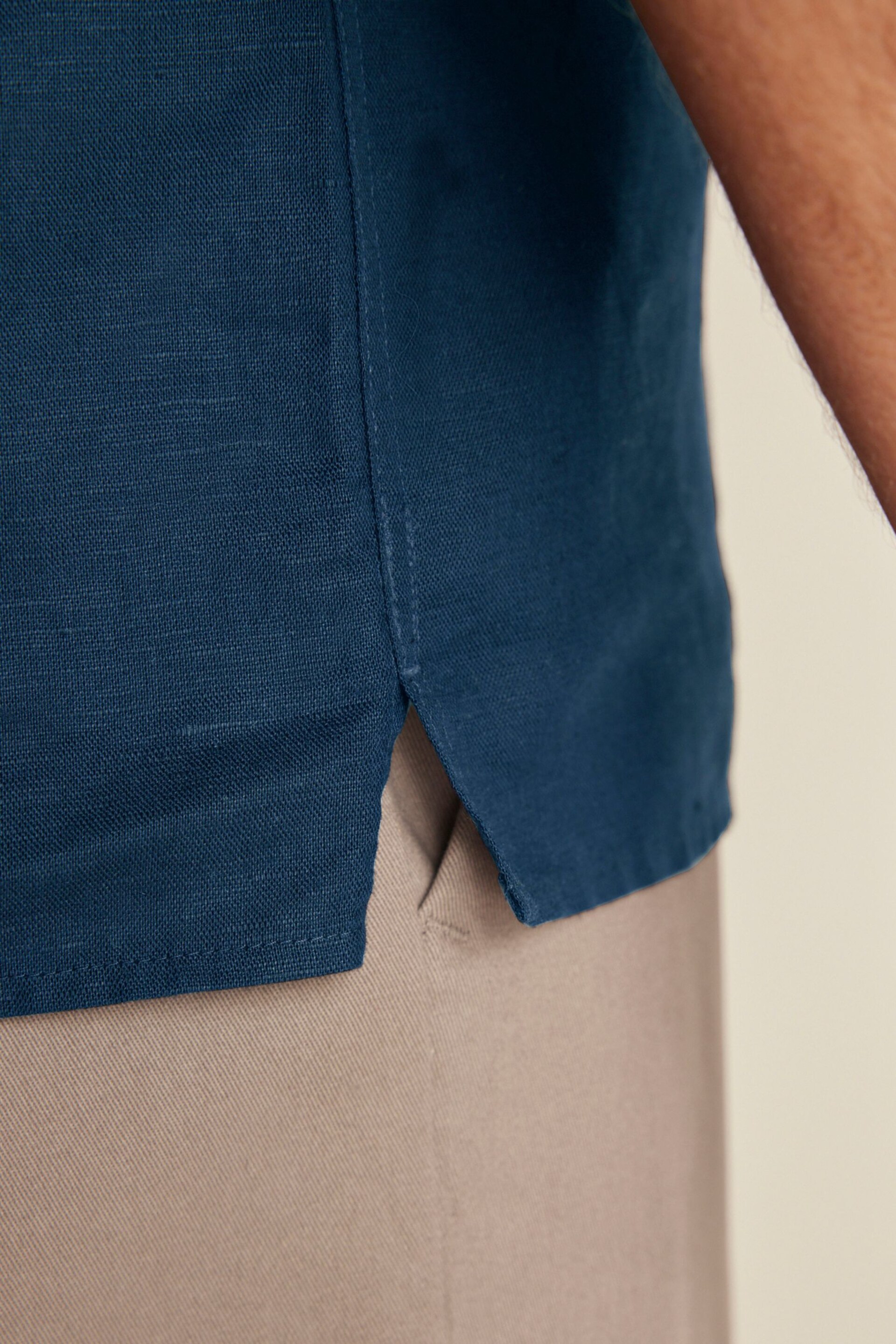 Navy Standard Collar Linen Blend Short Sleeve Shirt - Image 4 of 7
