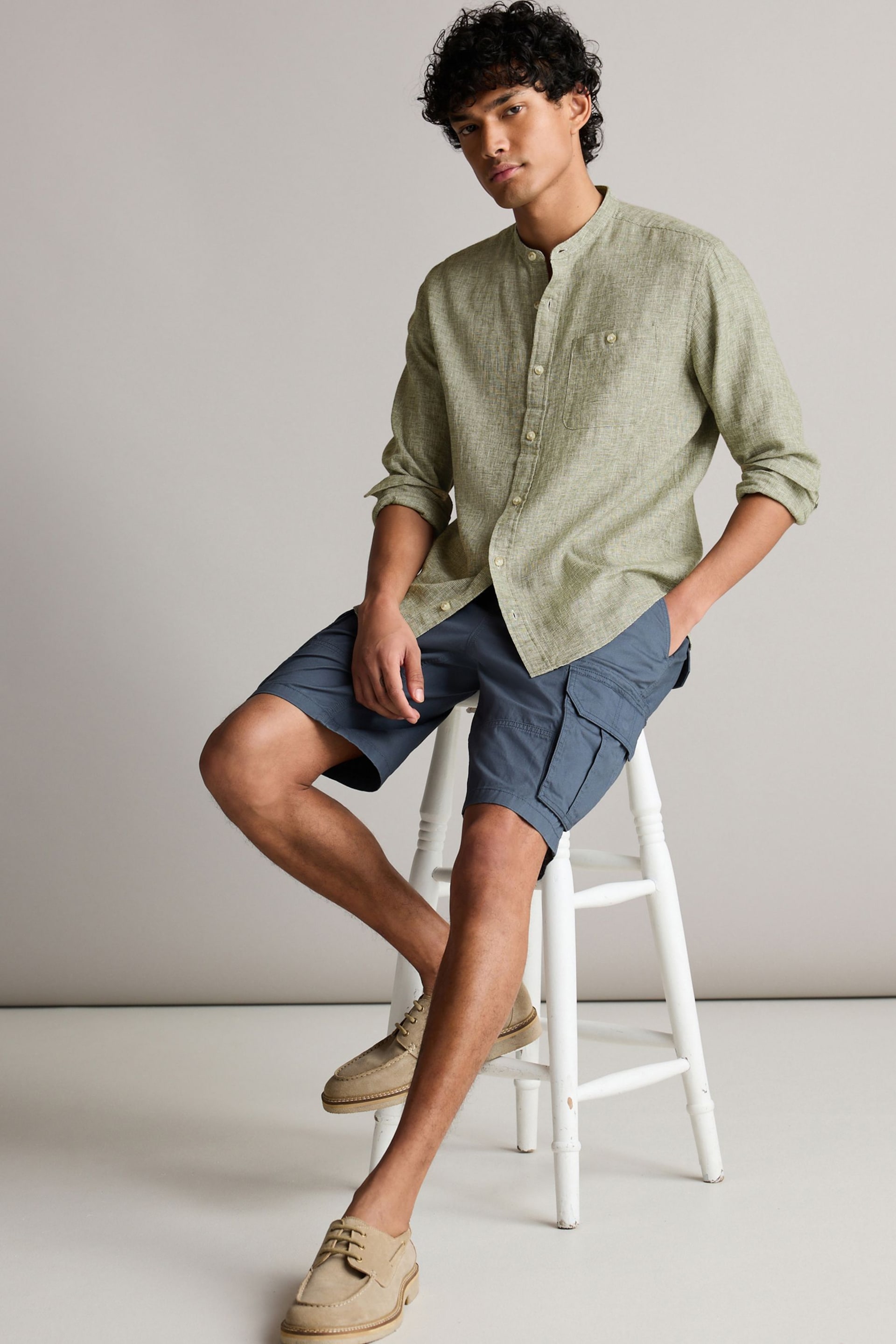 Green Grandad Collar Linen Blend Long Sleeve Shirt - Image 2 of 8