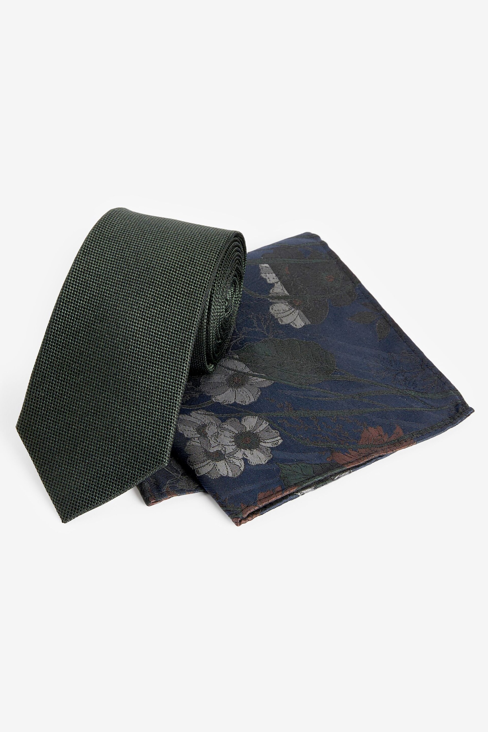 Forest Green/Navy Blue Floral Silk Tie And Pocket Square Set - Image 1 of 5