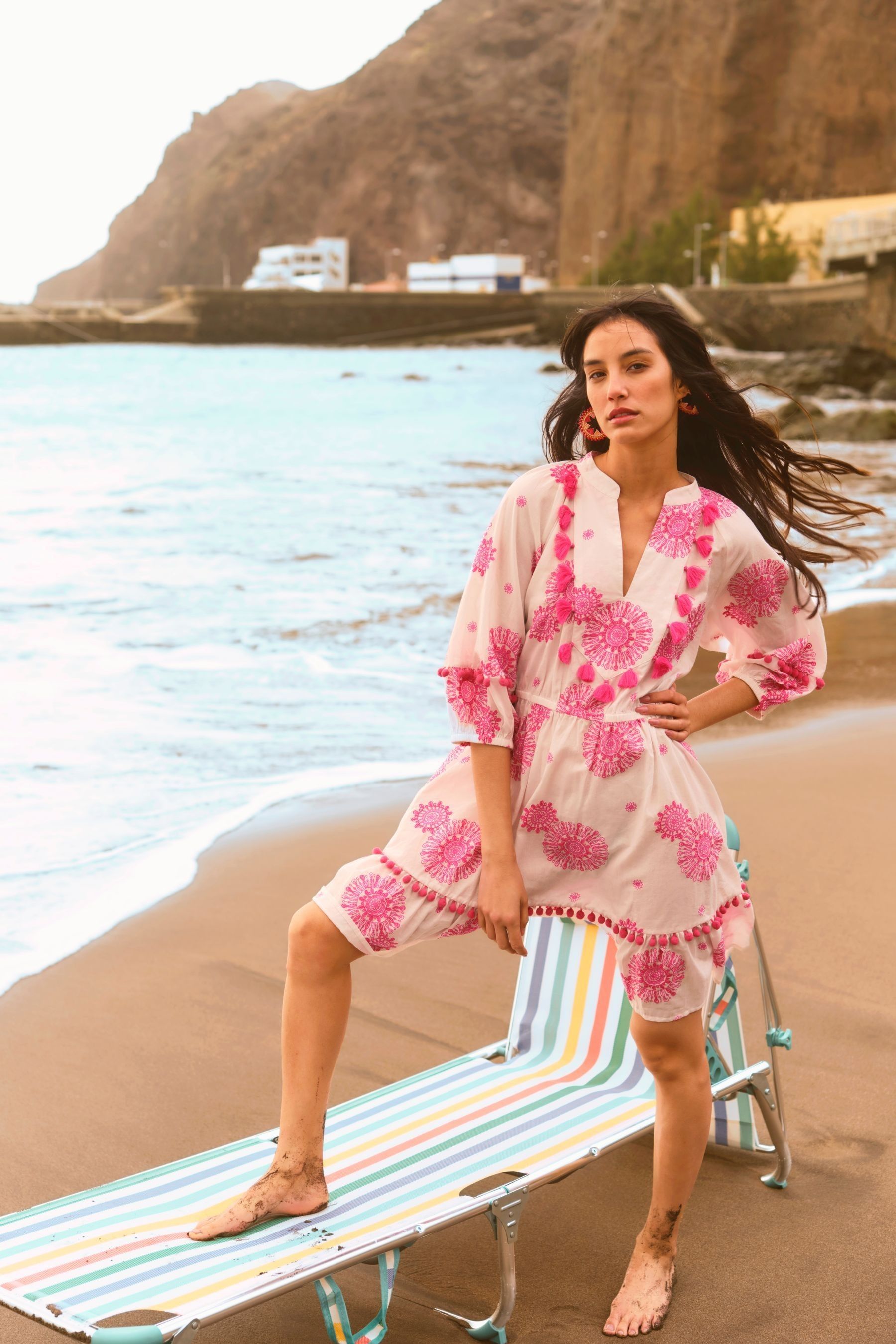 Monsoon White Tassel Embellished Medallion Print Kaftan Dress
