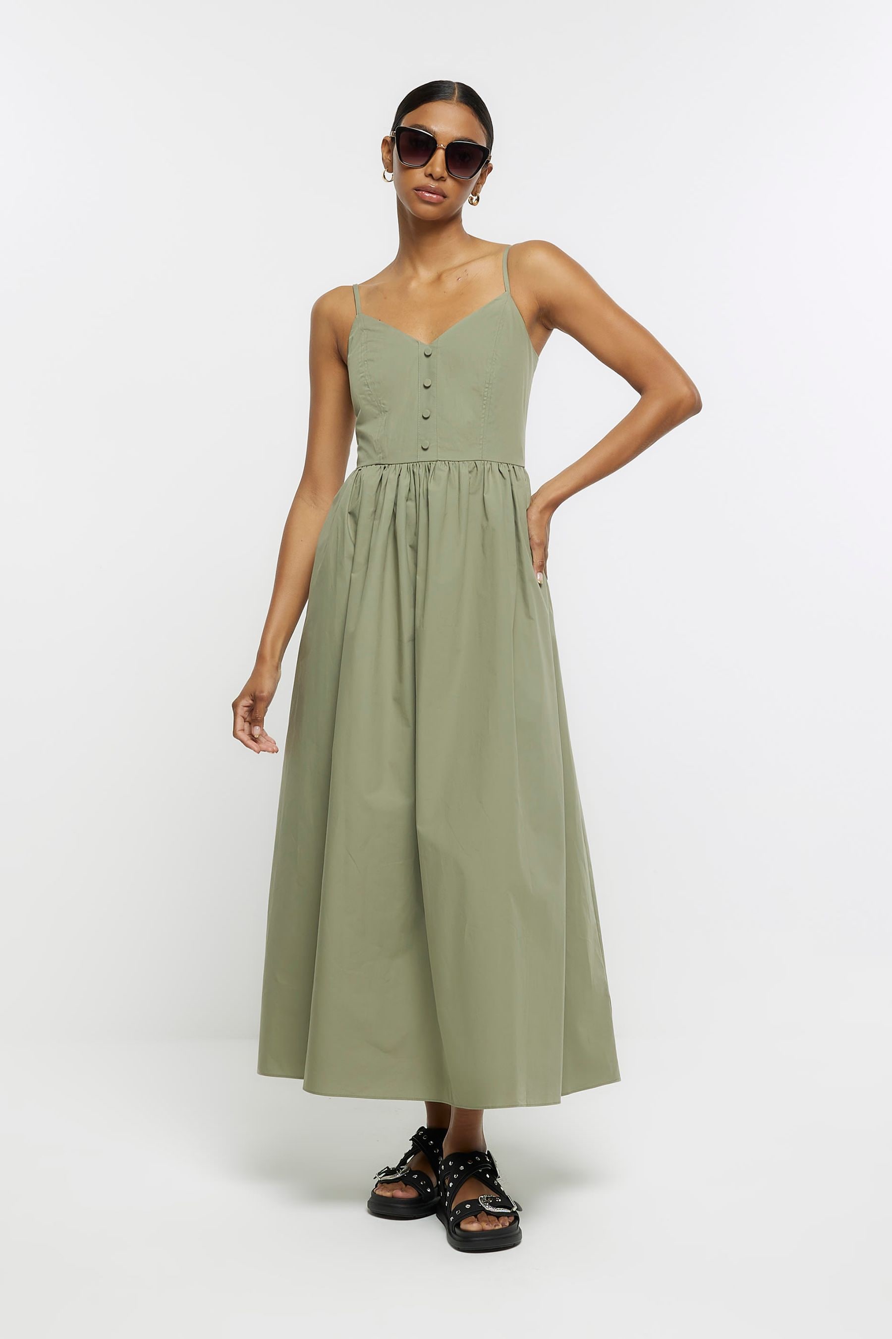 Buy River Island Khaki Green Prom Poplin Midi Dress from Next Luxembourg