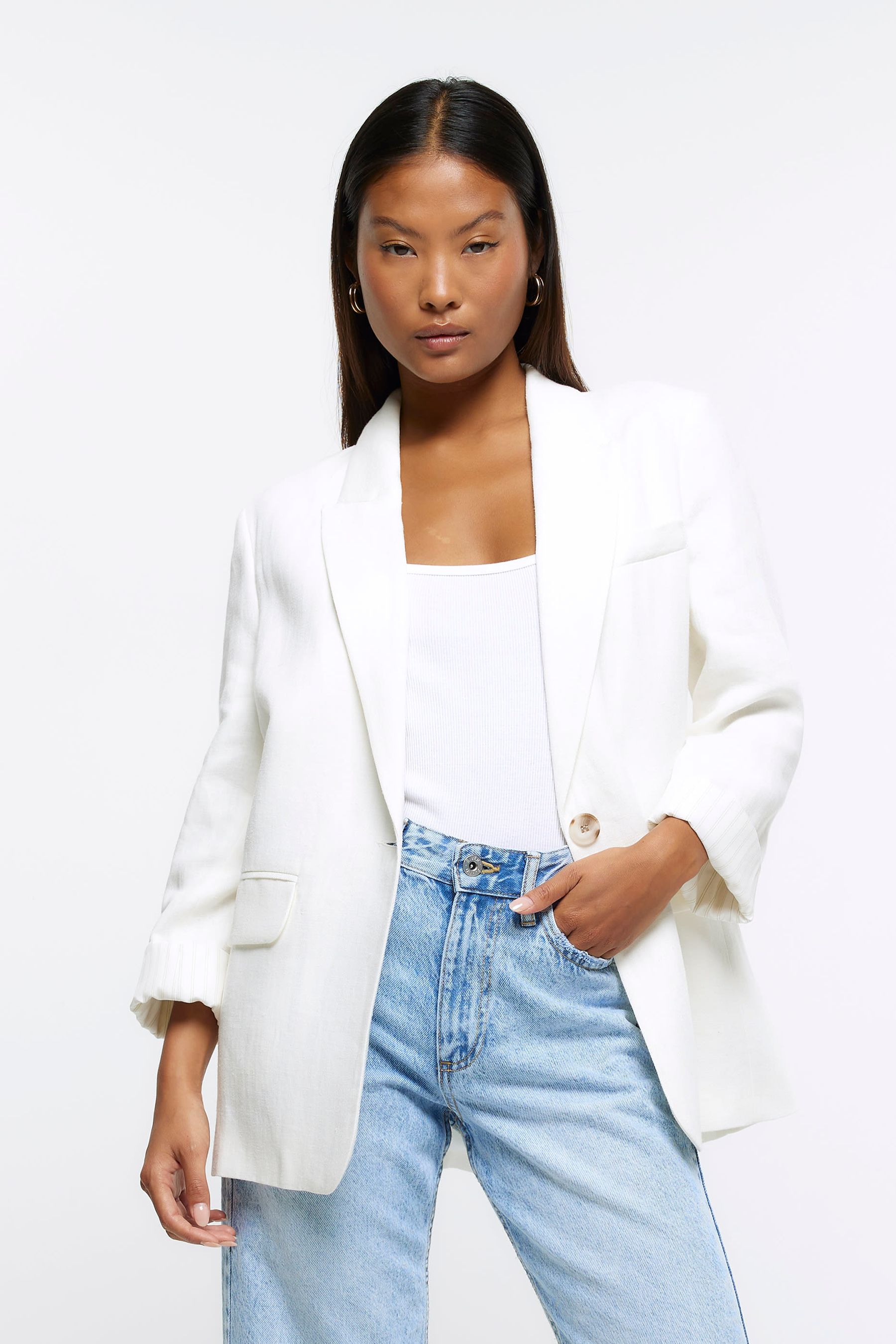 Buy River Island Petite Stripe Cuff Linen White Blazer from Next Germany