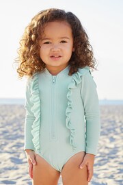 Blue Long Sleeve Textured Frill Swimsuit (3mths-7yrs) - Image 1 of 7