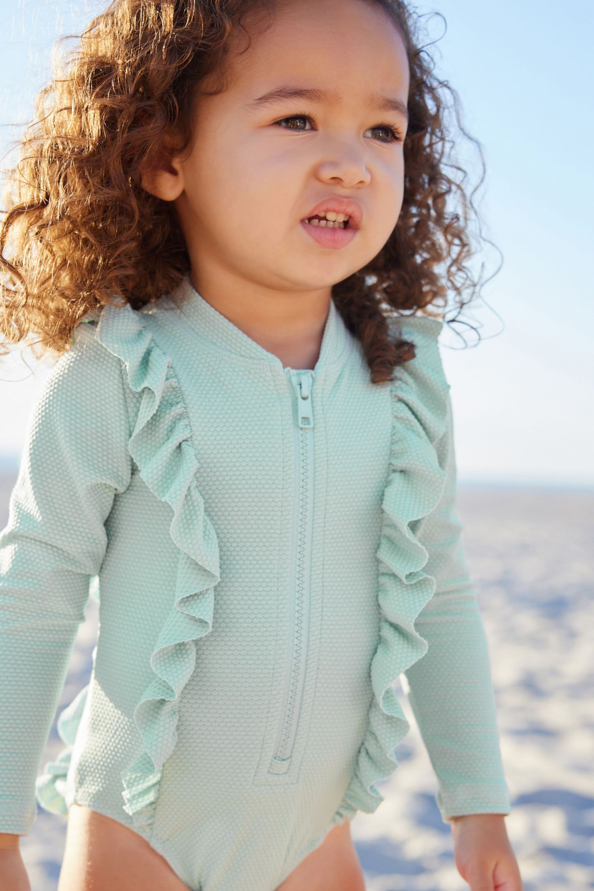 Blue Long Sleeve Textured Frill Swimsuit (3mths-7yrs) - Image 4 of 7
