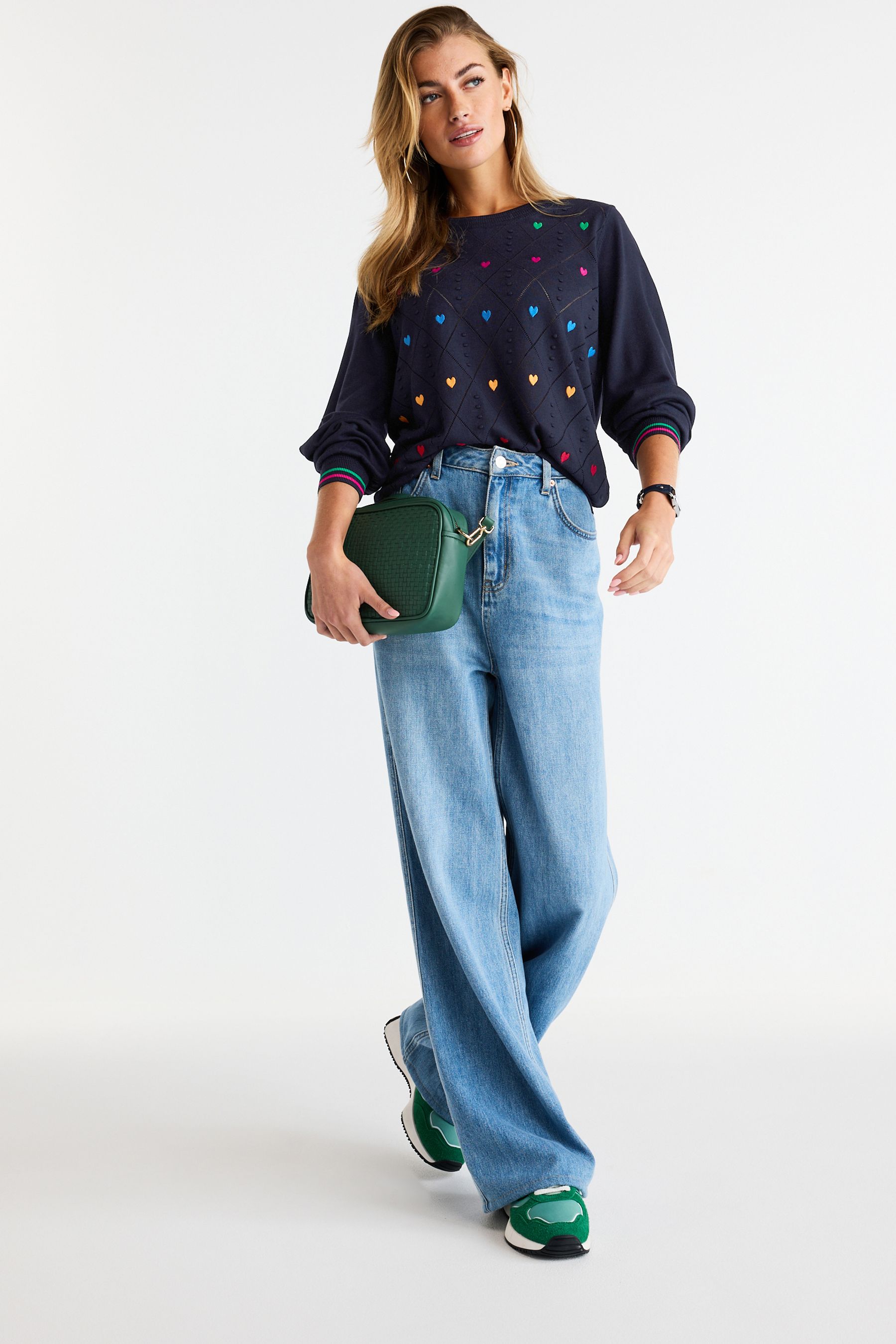 Buy Navy Blue With Multi Heart Embroidery Round Neck Jumper from Next Luxembourg