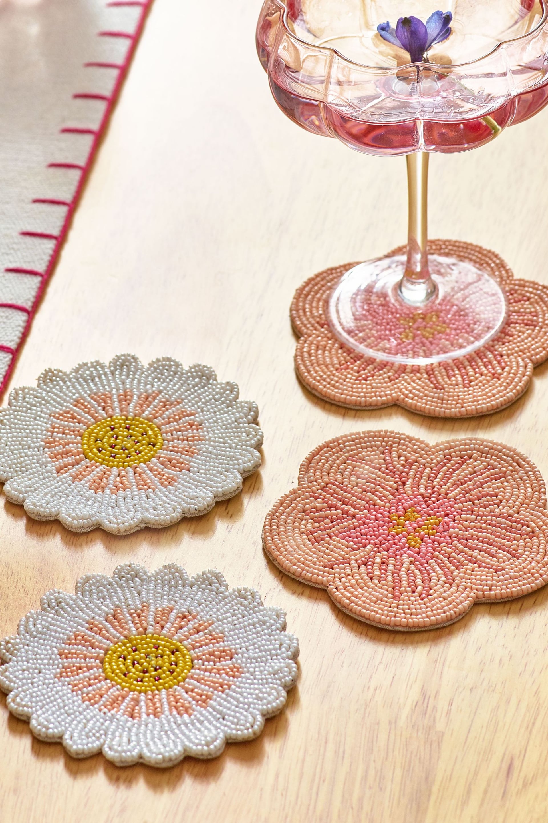 Set of 4 Pink Floral Beaded Coasters - Image 2 of 3