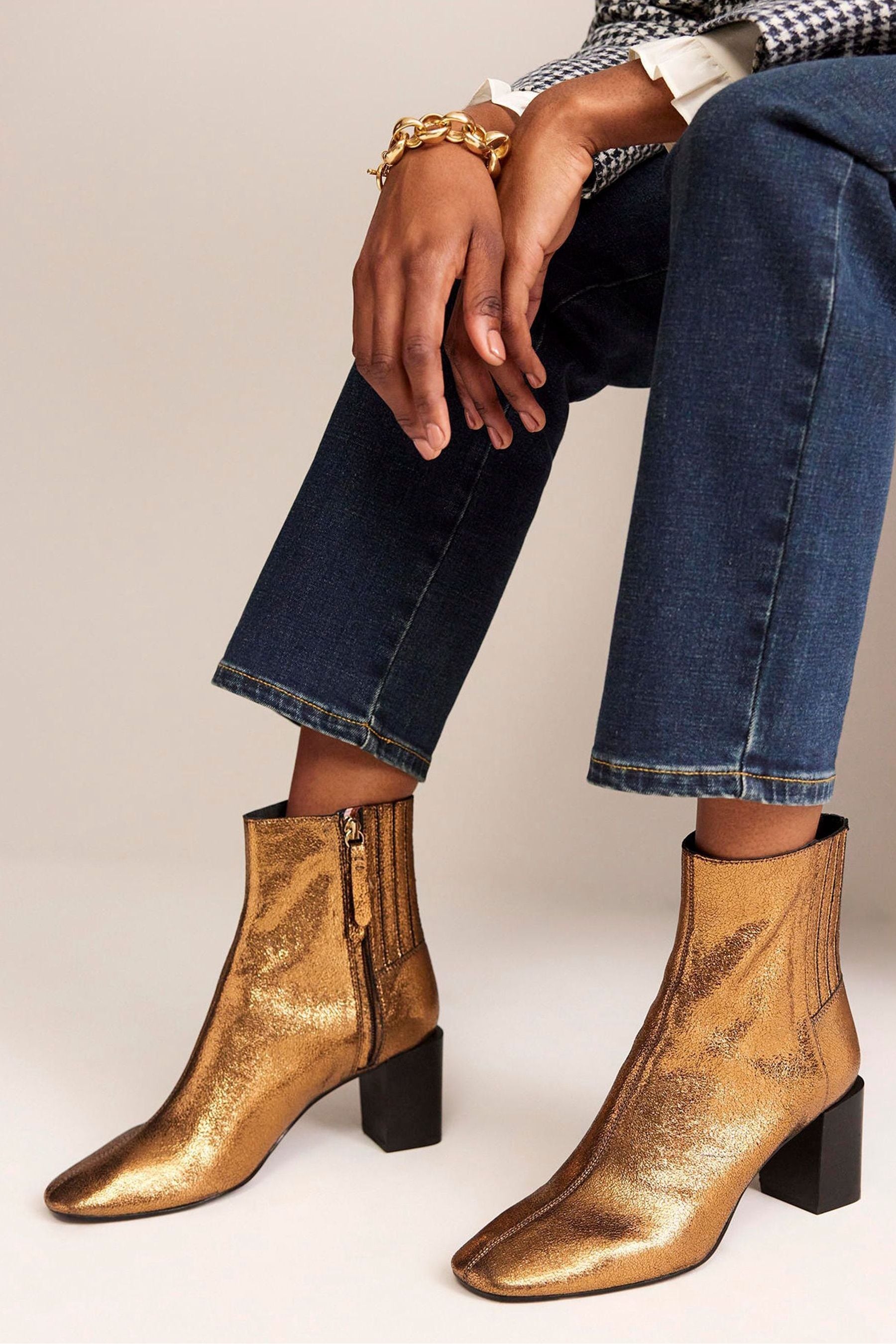 Buy Boden Gold Block Heels Leather Ankle Boots from Next Luxembourg