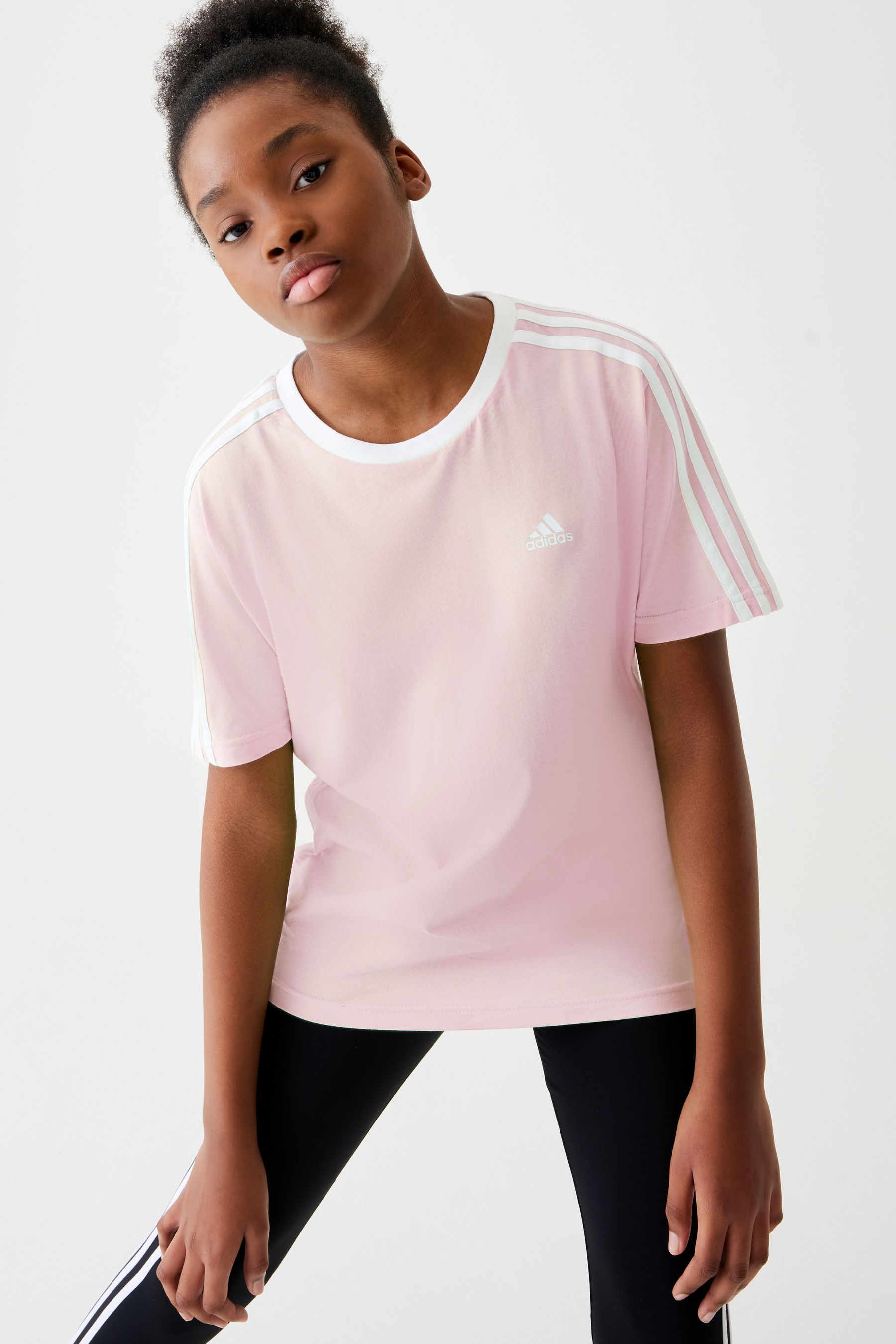 Adidas pink 3 stripe t shirt store