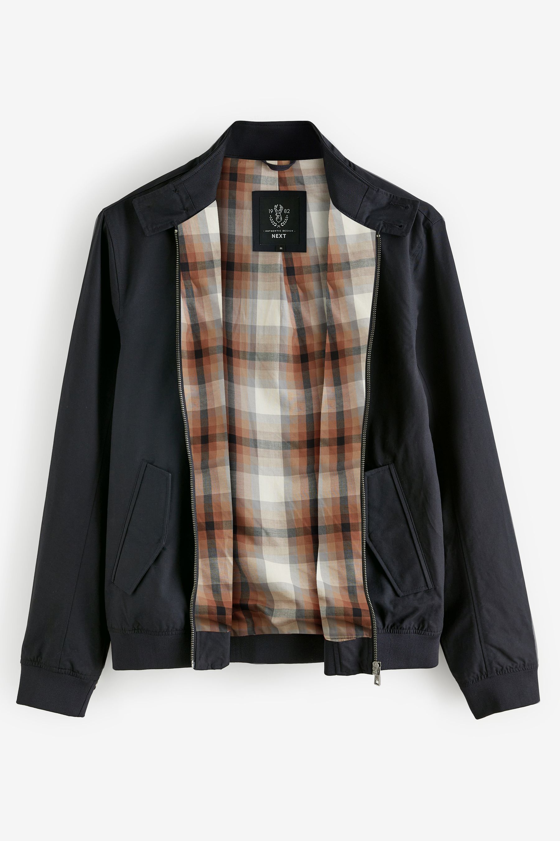 Navy Blue Shower Resistant Check Lining Harrington Jacket