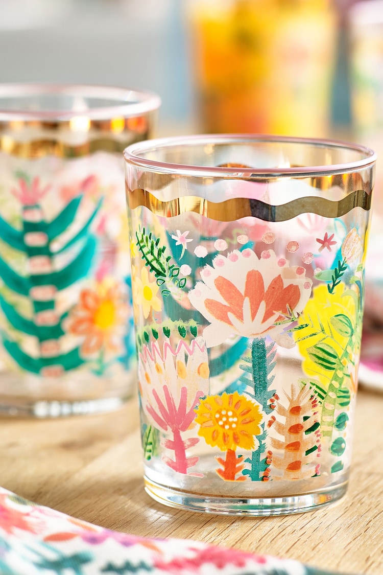 Lucy Tiffney Set of 4 Floral Gold Rim Tumbler Glasses - Image 2 of 4