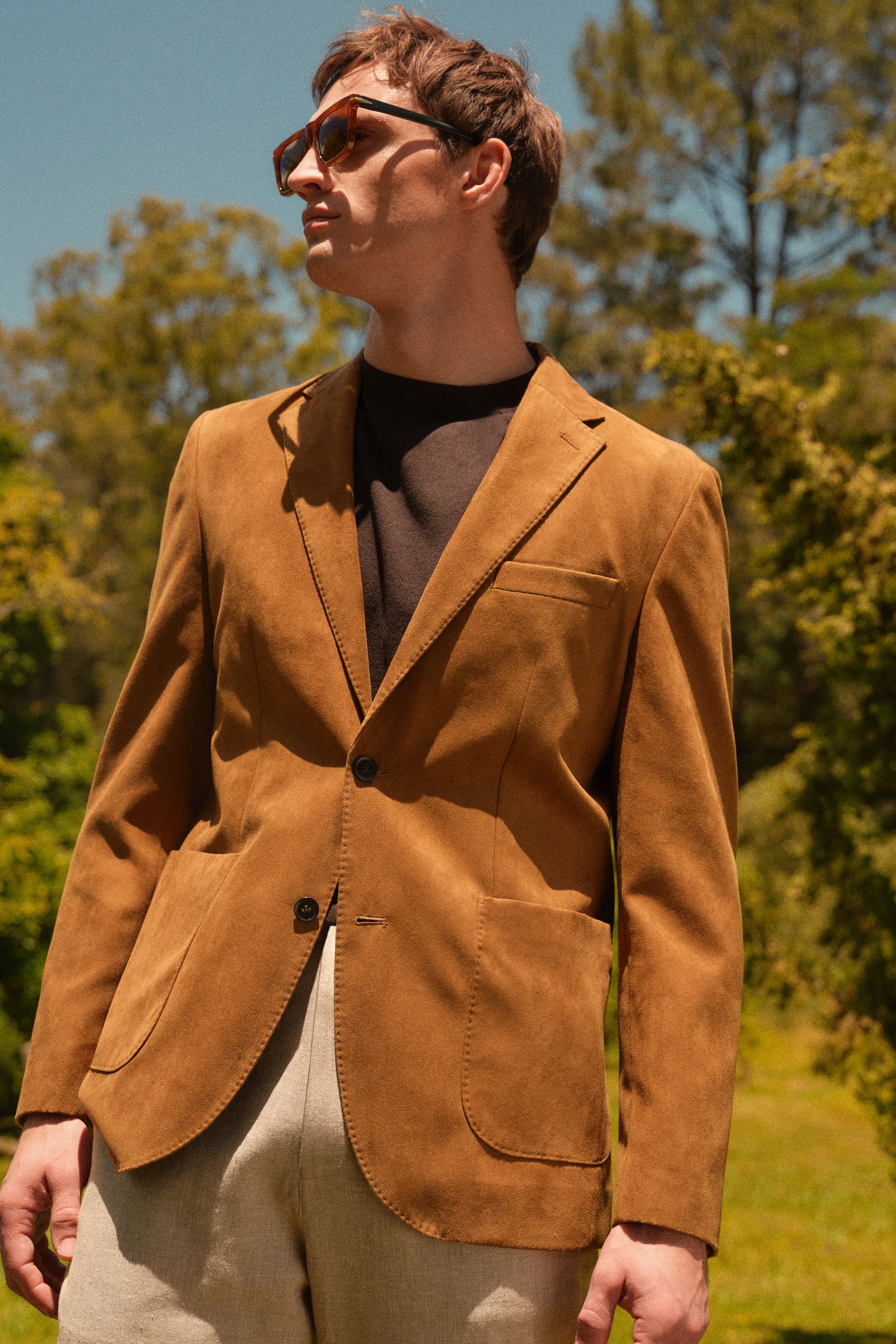 Tan Brown Slim Fit Faux Suede Blazer
