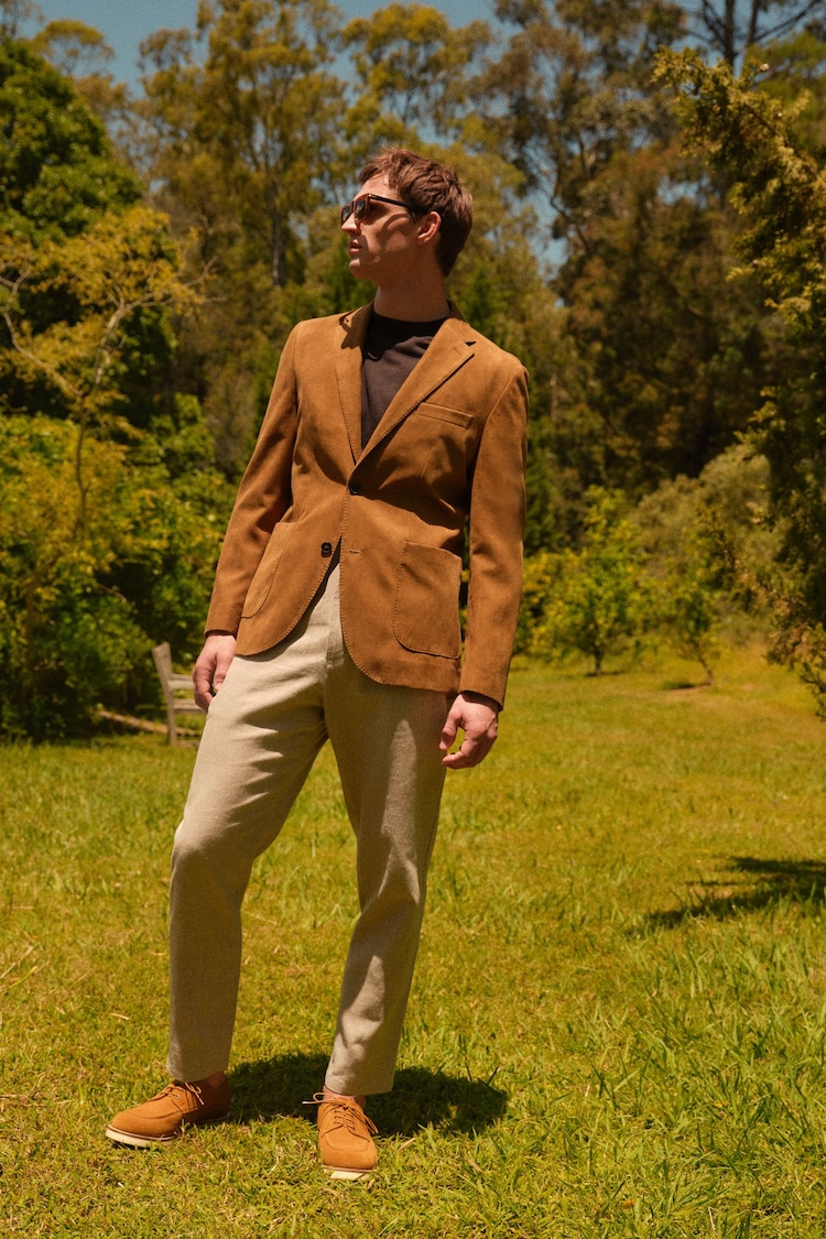 Tan Brown Slim Fit Faux Suede Blazer - Image 2 of 5