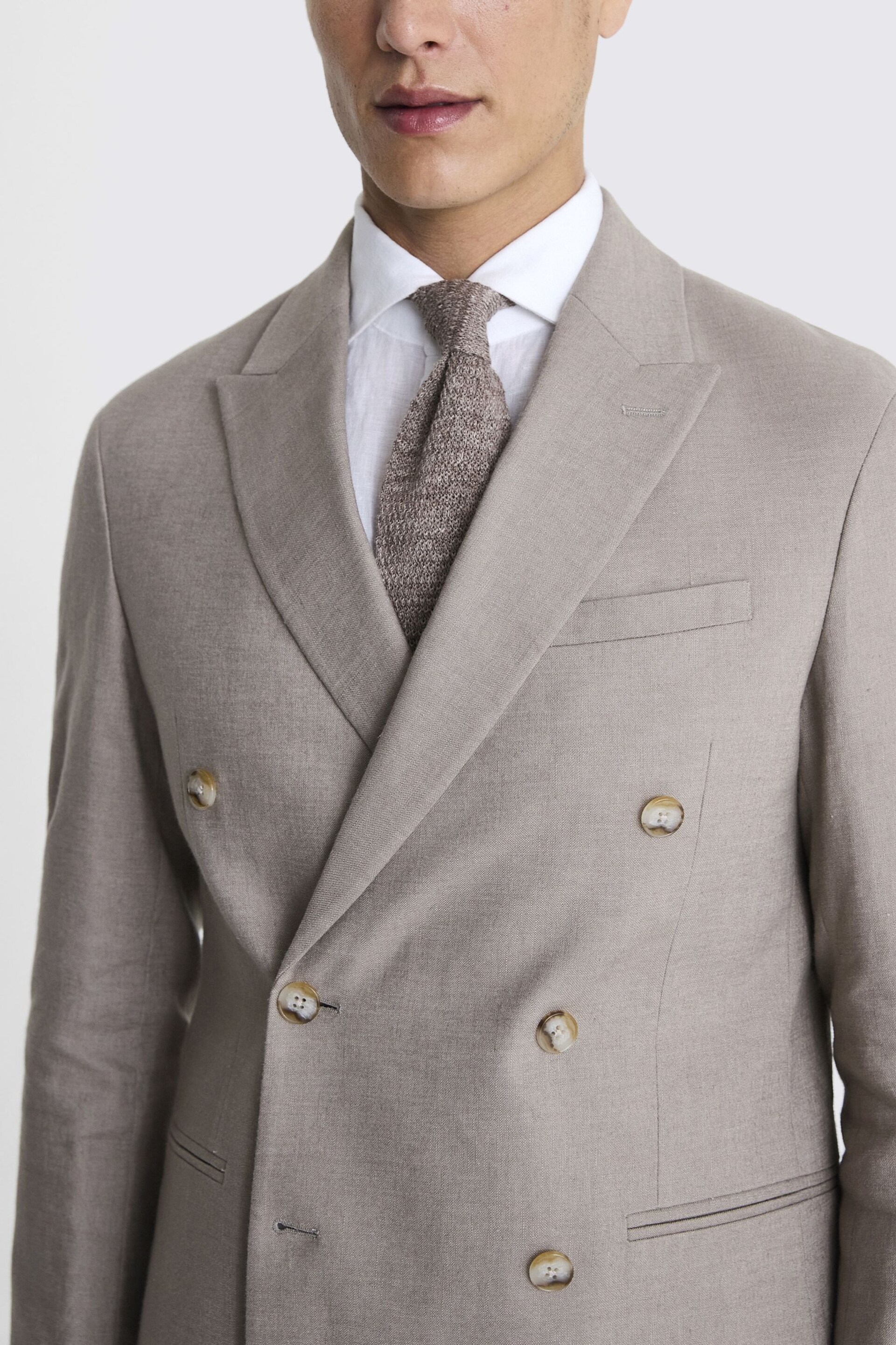 MOSS Slim Fit Taupe Matte Linen Double Breasted Grey Jacket - Image 5 of 5
