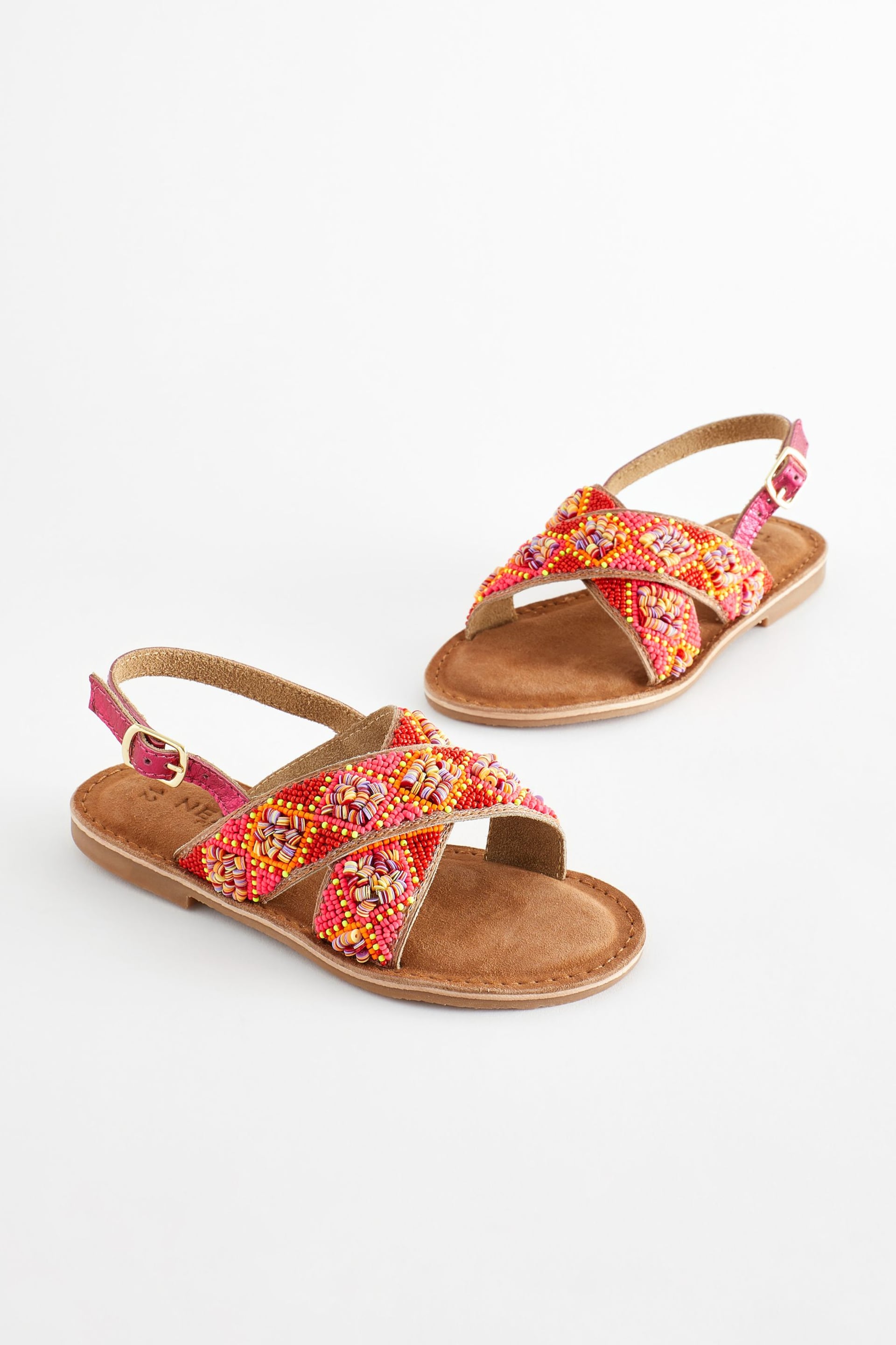 Red Orange Beaded Leather Cross Strap Sandals - Image 1 of 6