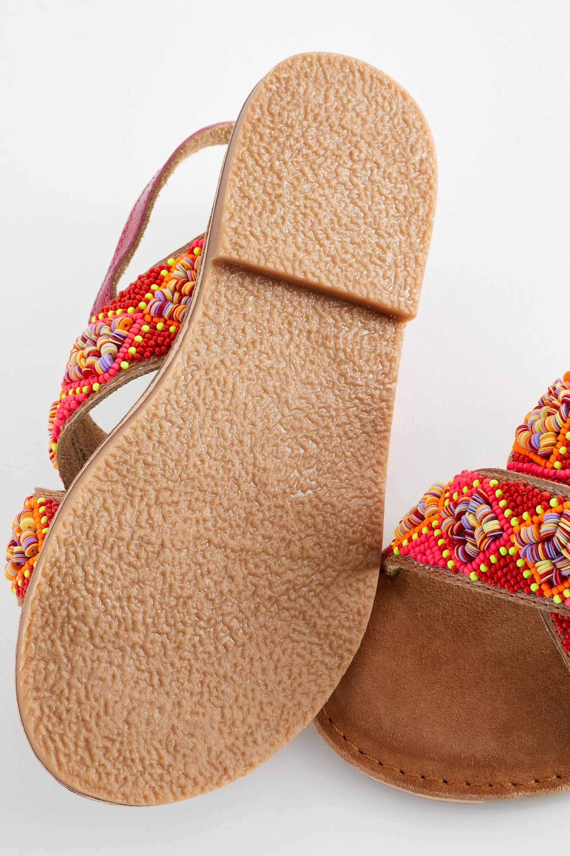 Red Orange Beaded Leather Cross Strap Sandals - Image 4 of 6