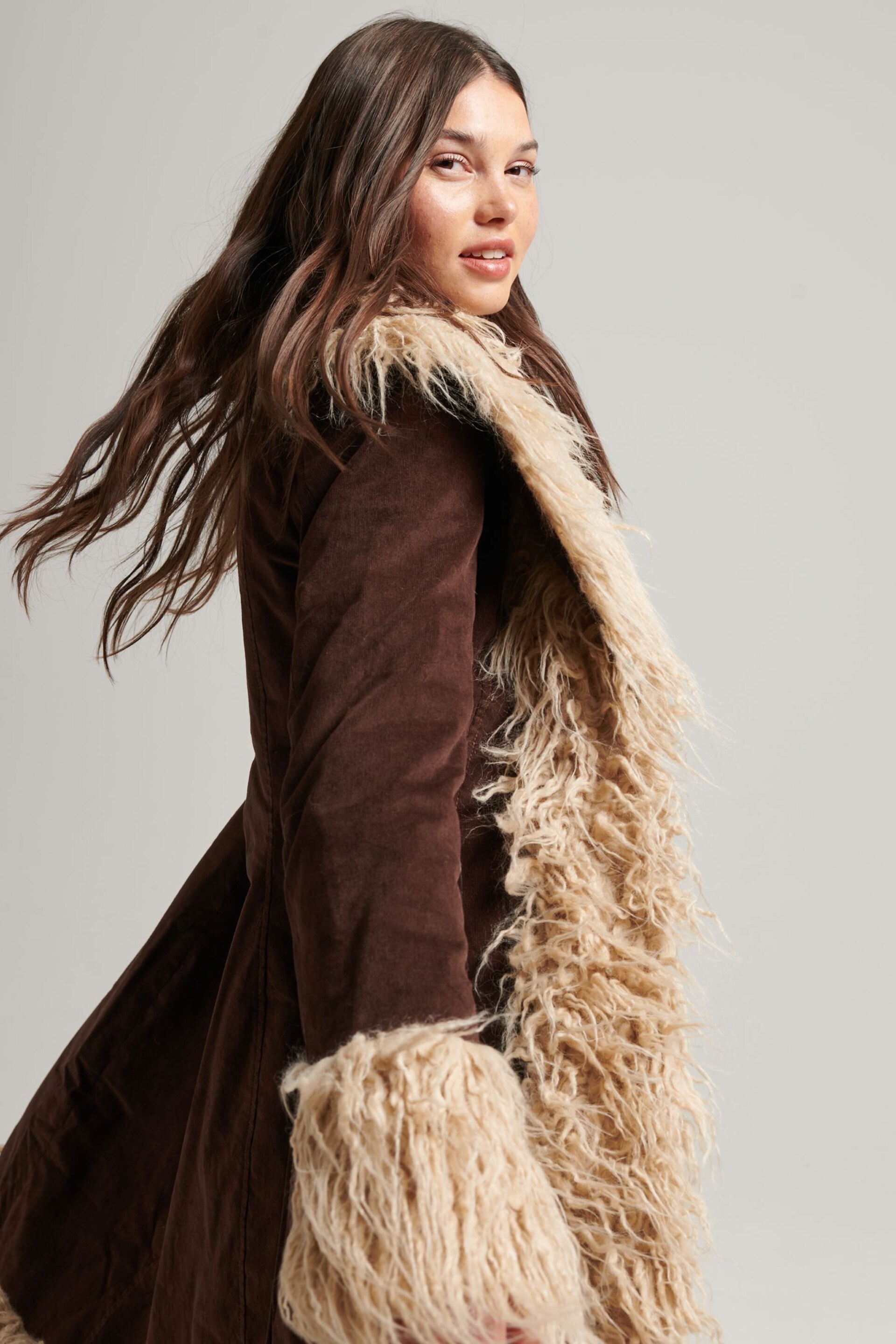 Superdry Dark Brown Faux Fur Lined Longline Afghan Coat - Image 4 of 8