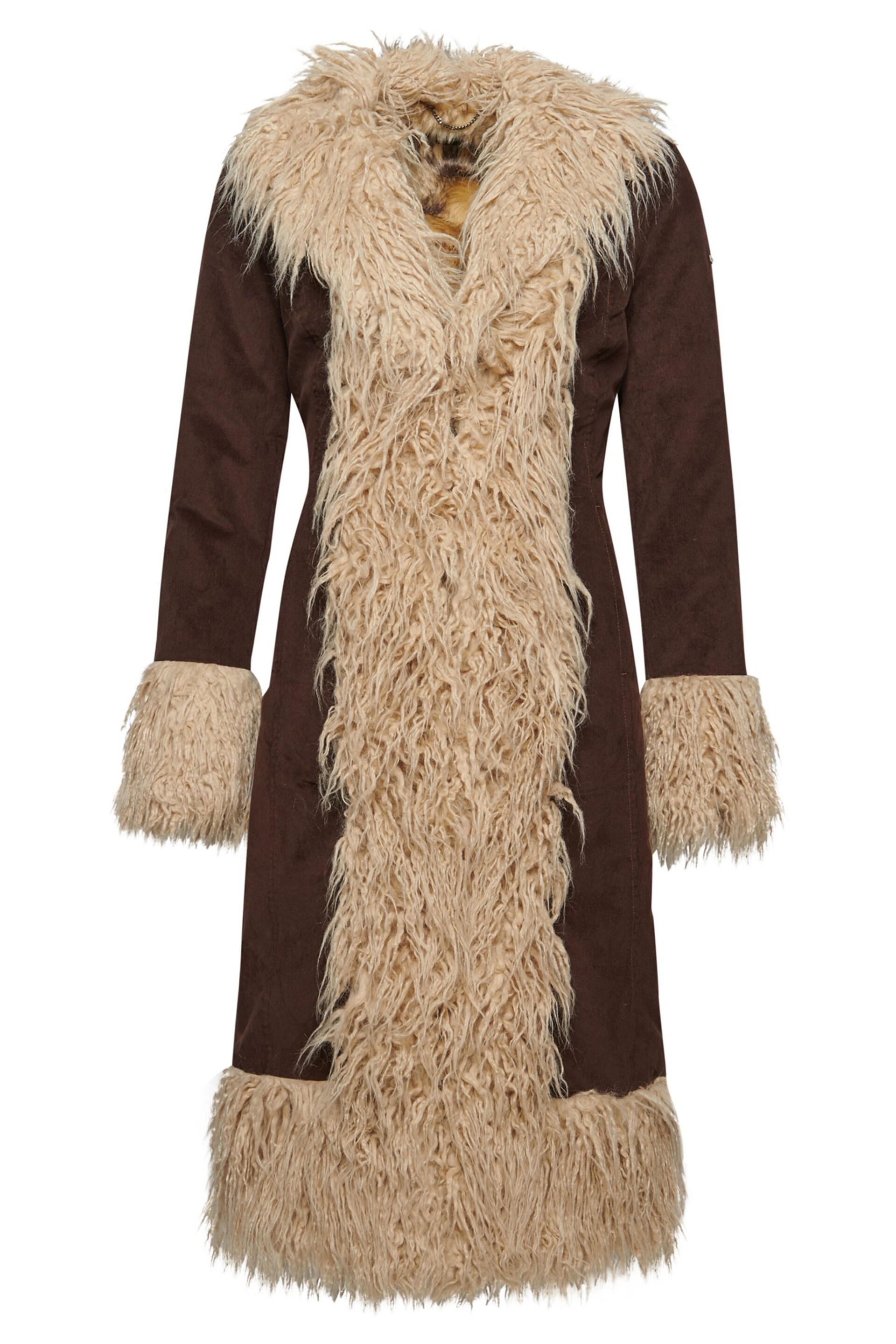 Superdry Dark Brown Faux Fur Lined Longline Afghan Coat - Image 6 of 8
