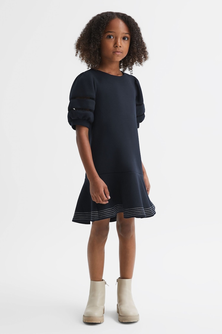 Reiss Navy Clea 4-9 yrs Jersey Puff Sleeve Mini Dress - Image 1 of 7