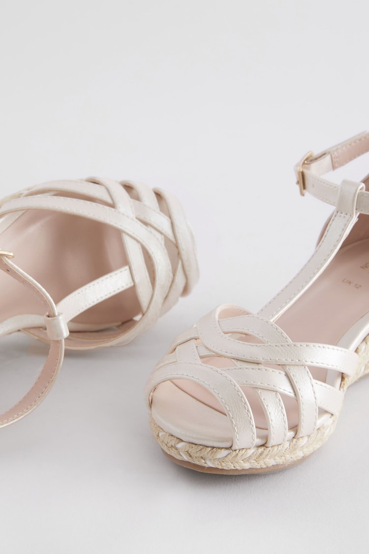 White Shimmer Woven Wedge Ankle Strap Sandals - Image 4 of 5