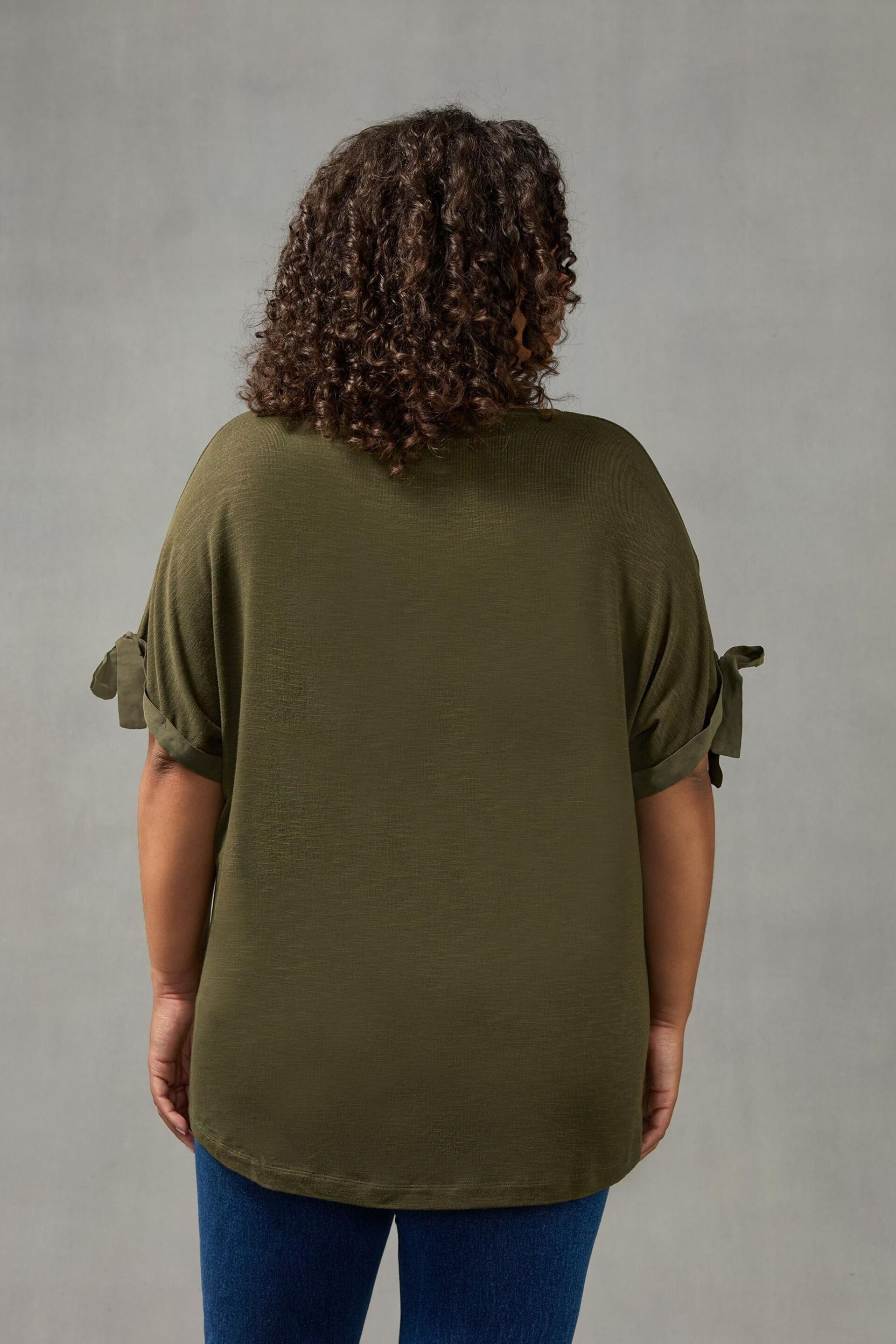 Live Unlimited Curve -Khaki Green Viscose Texture Tie Sleeve Top - Image 2 of 4