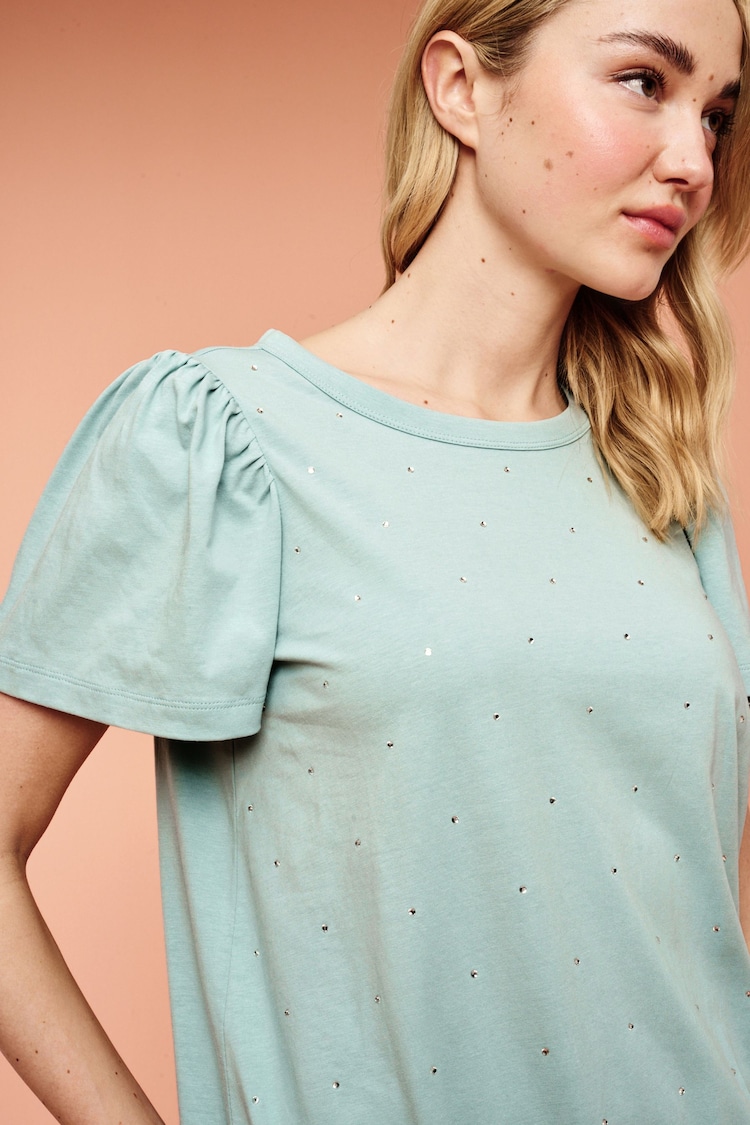 Sage Green 100% Cotton Short Sleeve Sparkle Jersey Bubblehem Top - Image 1 of 4