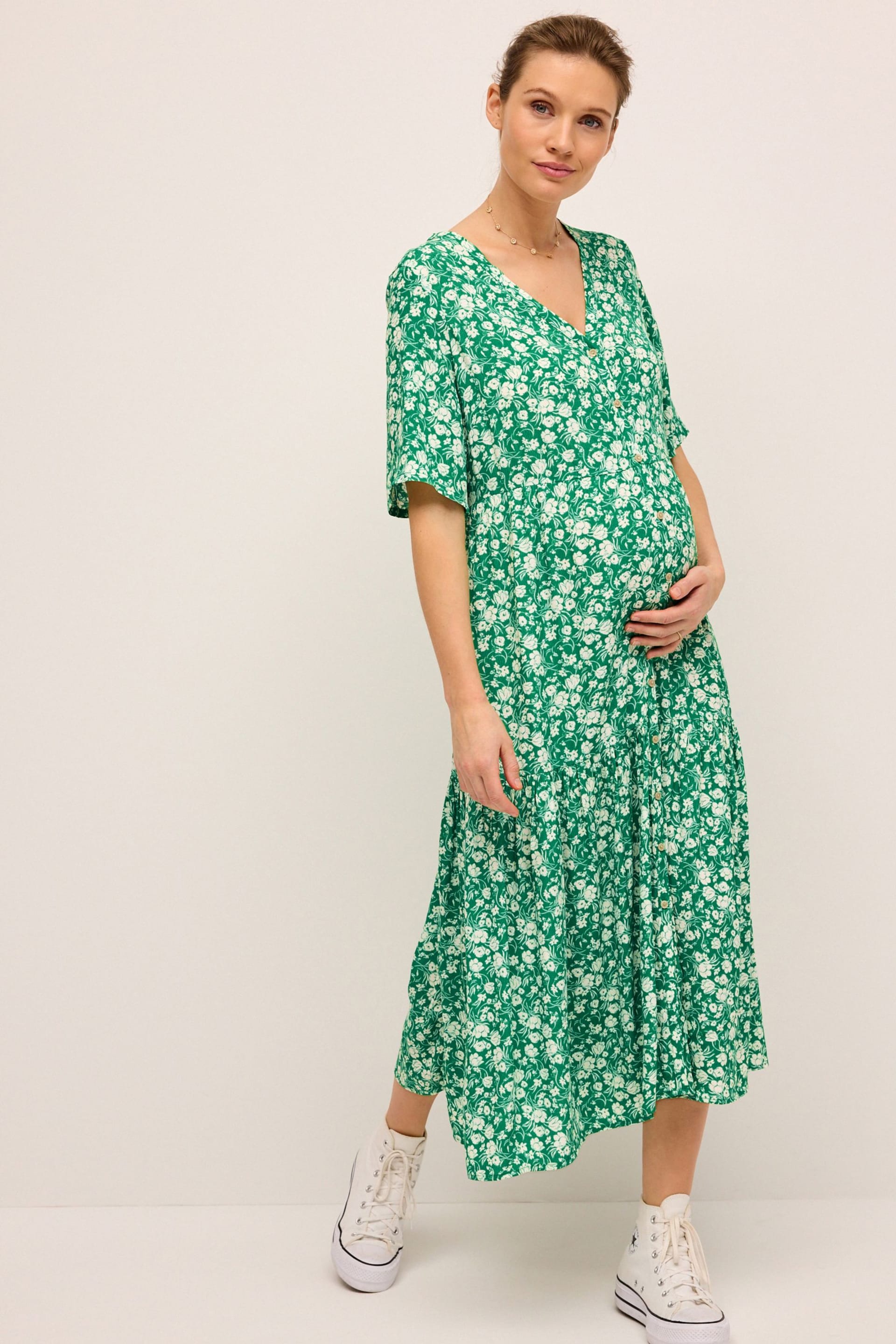 Green Floral Maternity Angel Sleeve Dress - Image 1 of 8
