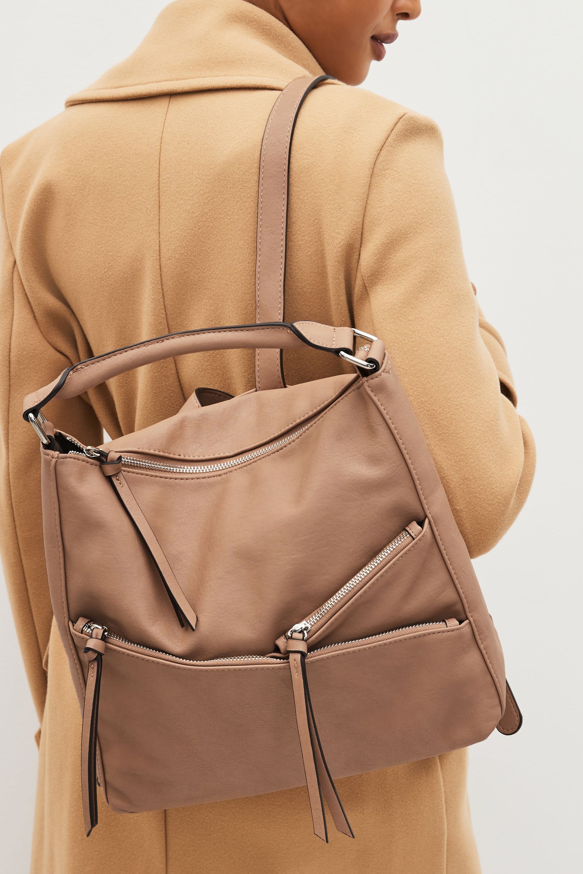 Tan Brown Side Zip Backpack - Image 5 of 7