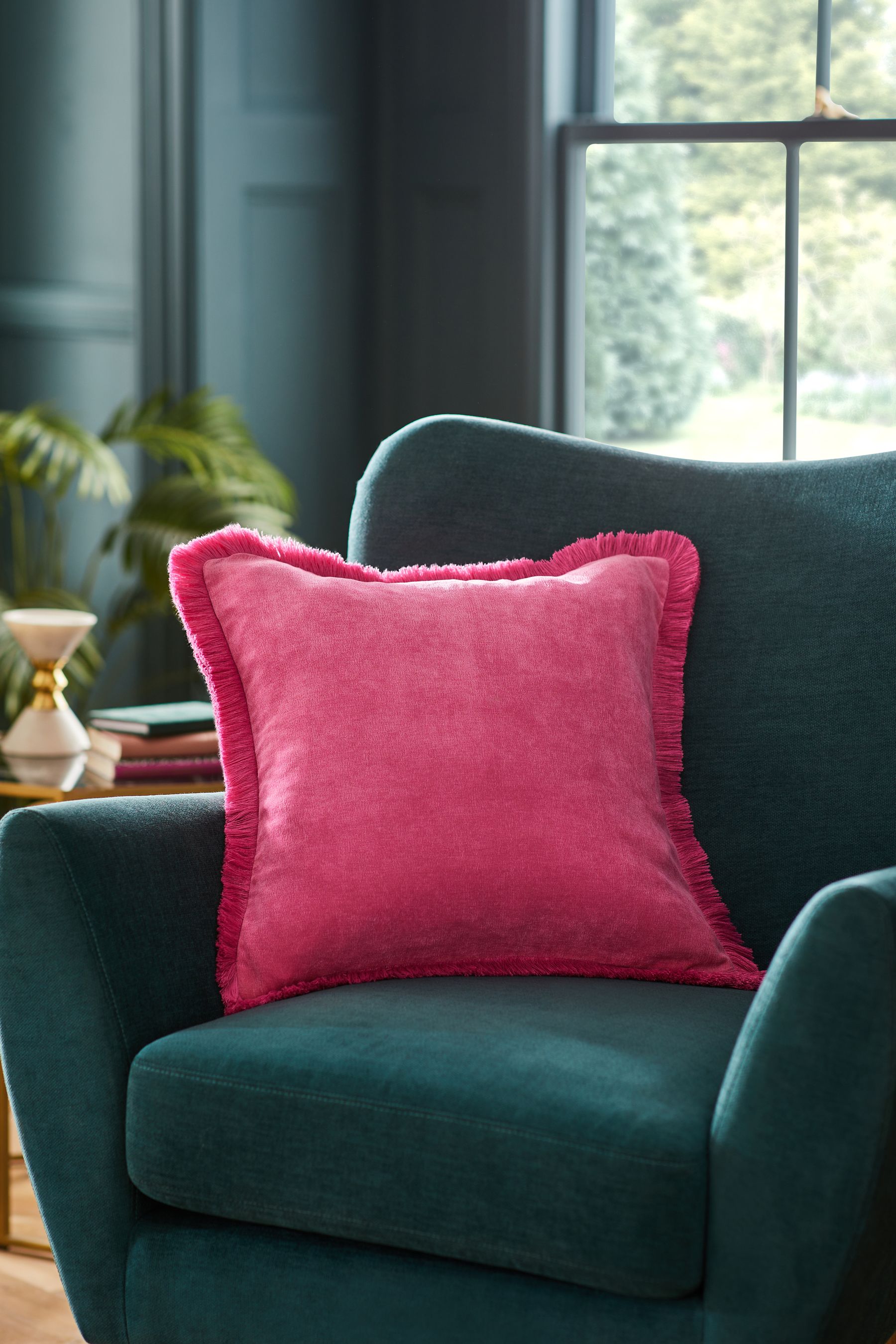 Buy Fuchsia Pink 45 x 45cm Soft Velour Fringe Cushion from the Next UK online shop