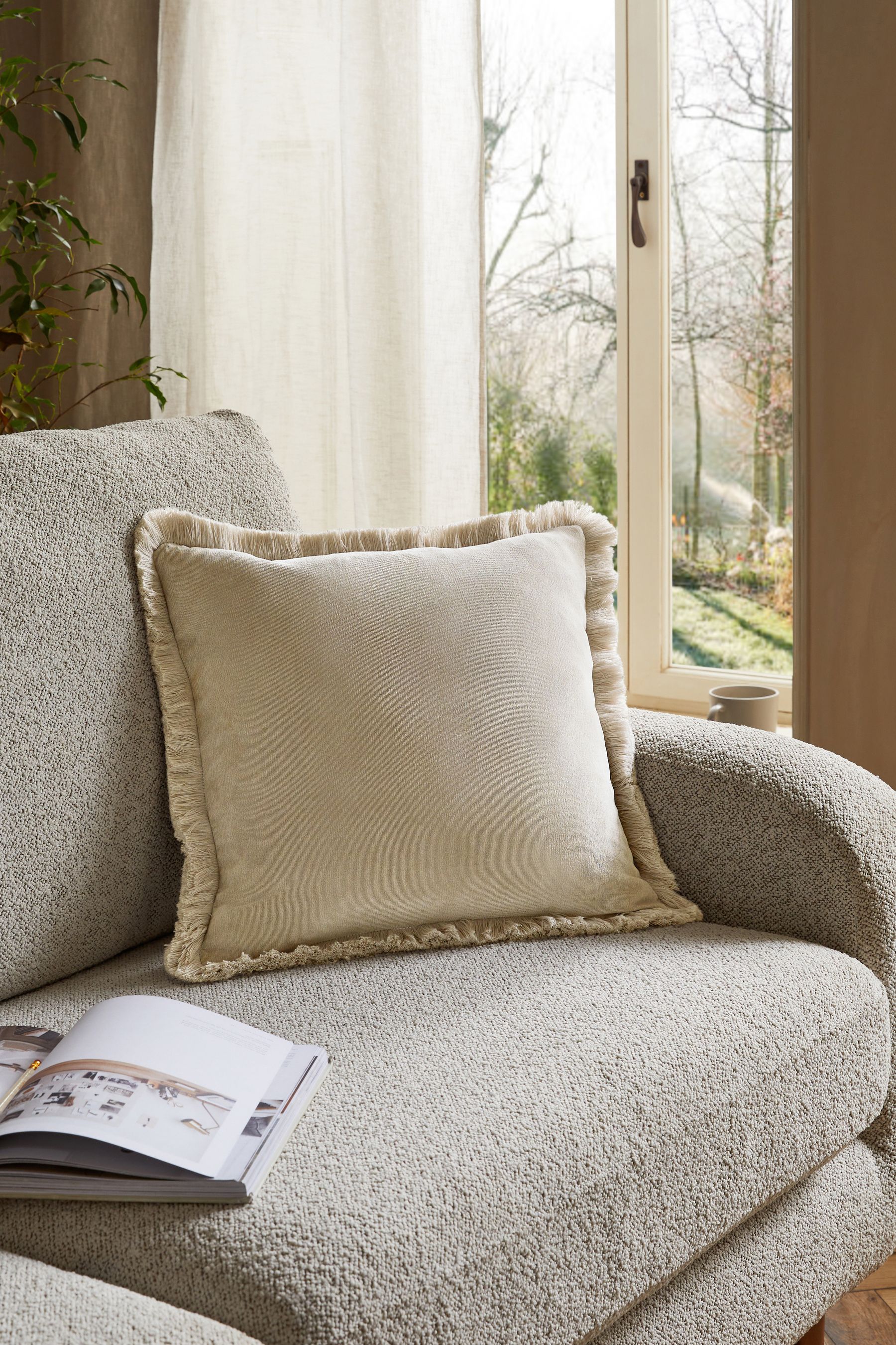 Buy Stone Natural Soft Velour Fringe 45 x 45cm Cushion from the Next UK online shop