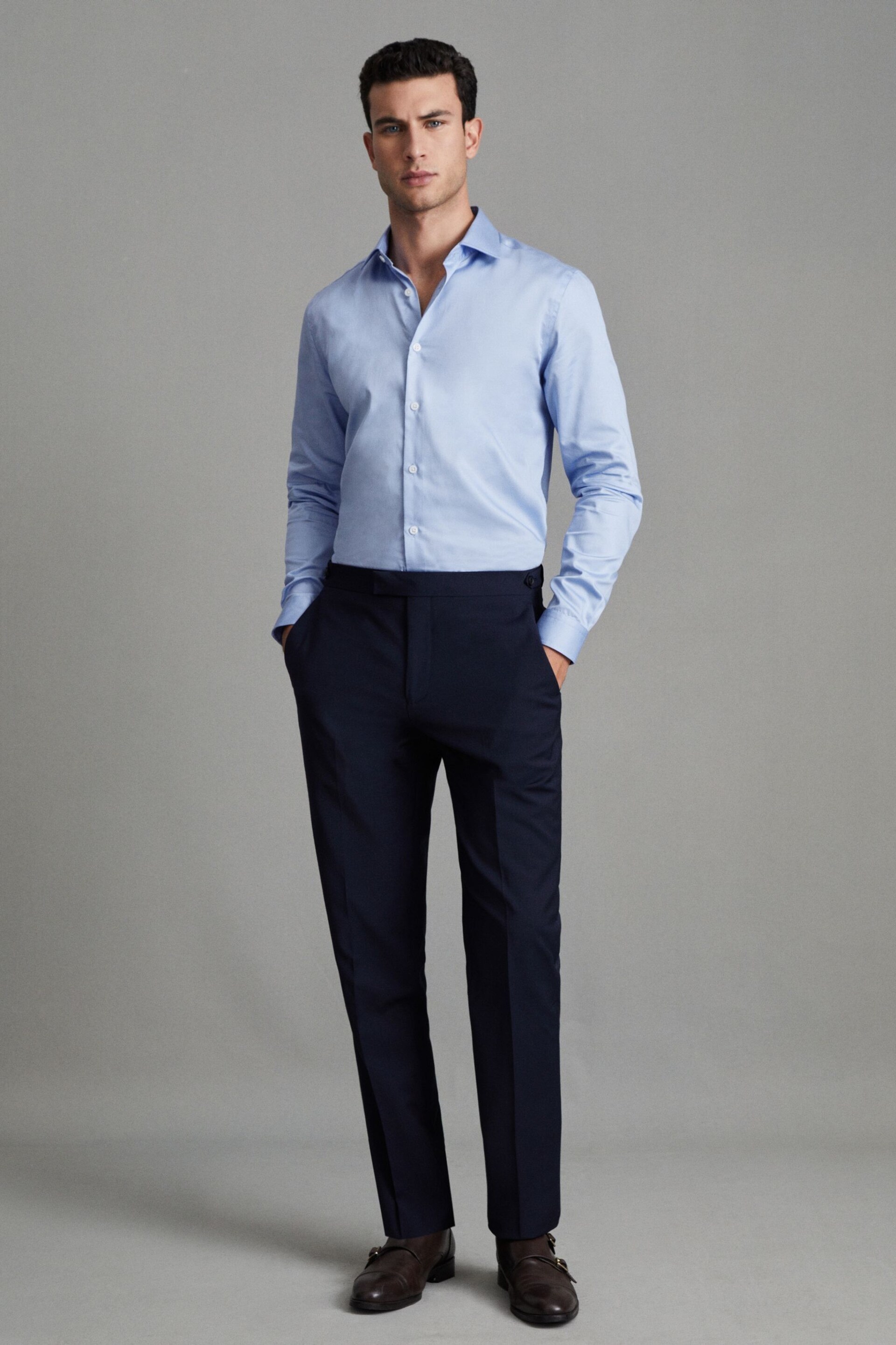 Reiss Mid Blue Remote Reg Cotton Sateen Shirt - Image 3 of 6