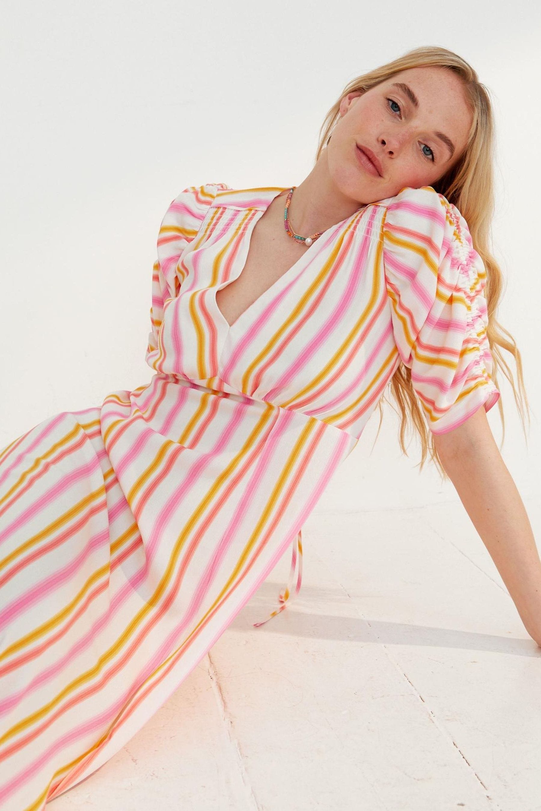 Buy Oliver Bonas Orange Striped V Neck Midi Dress from Next Luxembourg