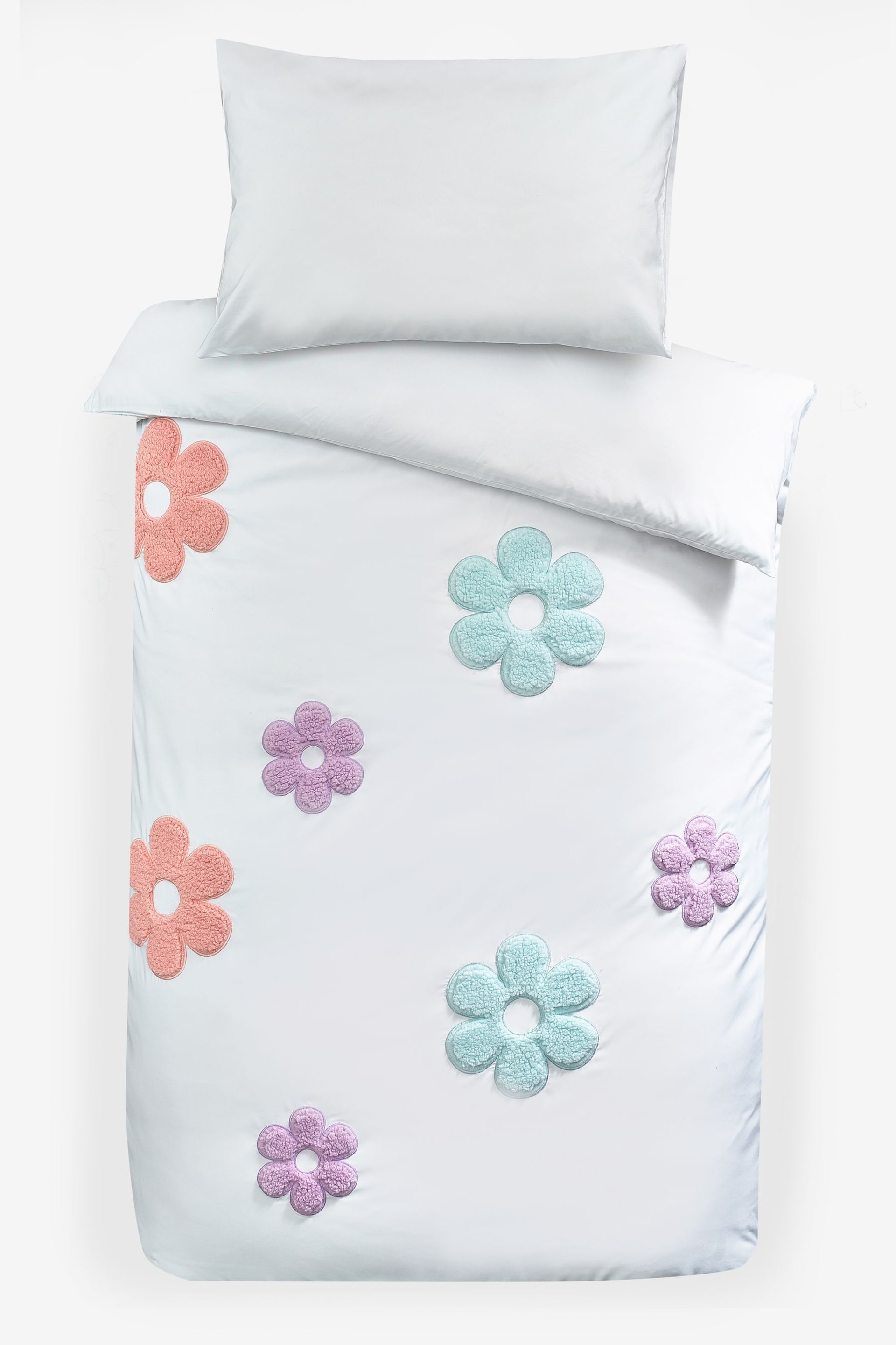 White Appliqué Daisy Flower Duvet Cover and Pillowcase Set - Image 5 of 5