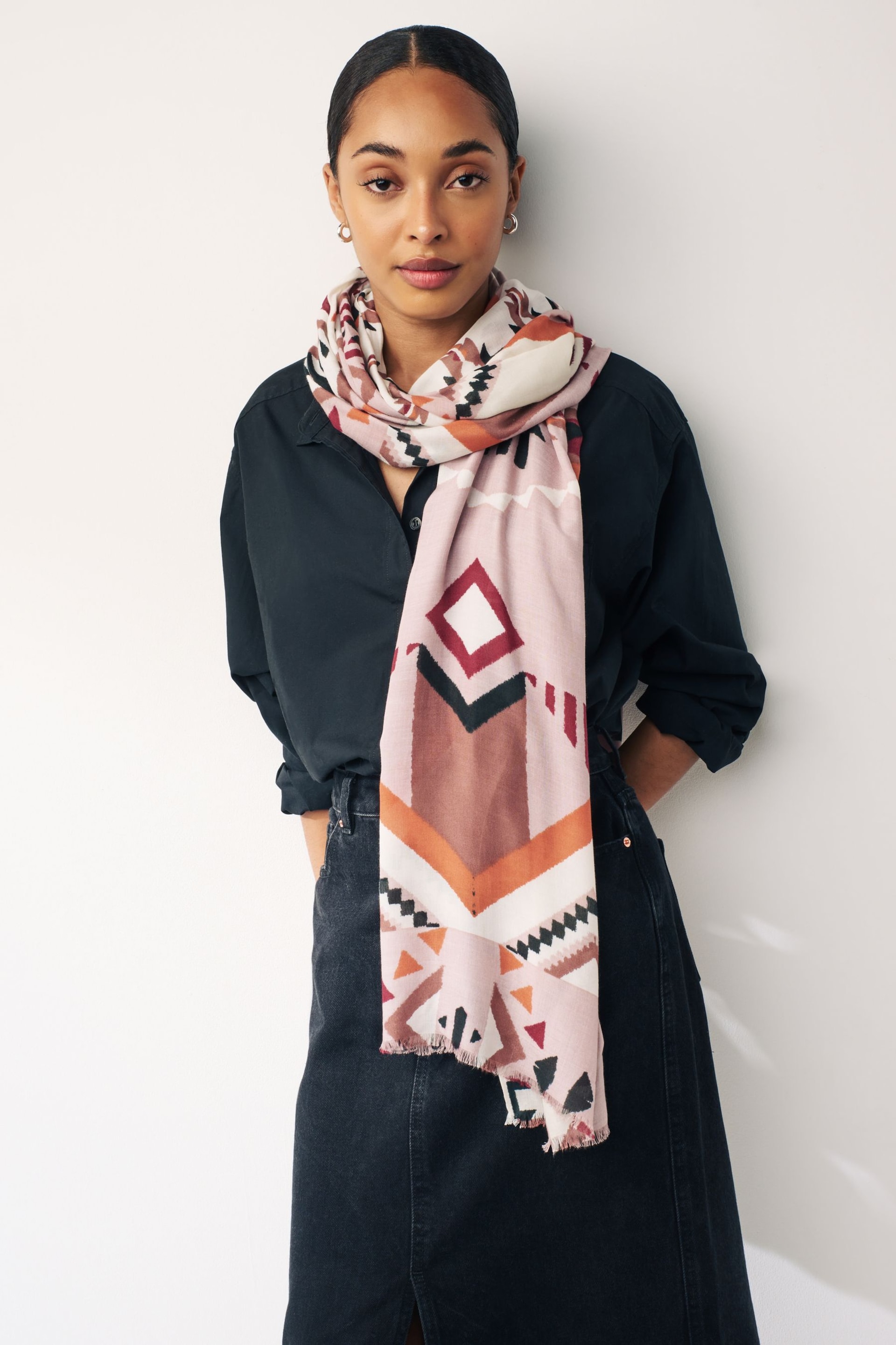 Brown/Pink Aztec Print Lightweight Scarf - Image 1 of 5