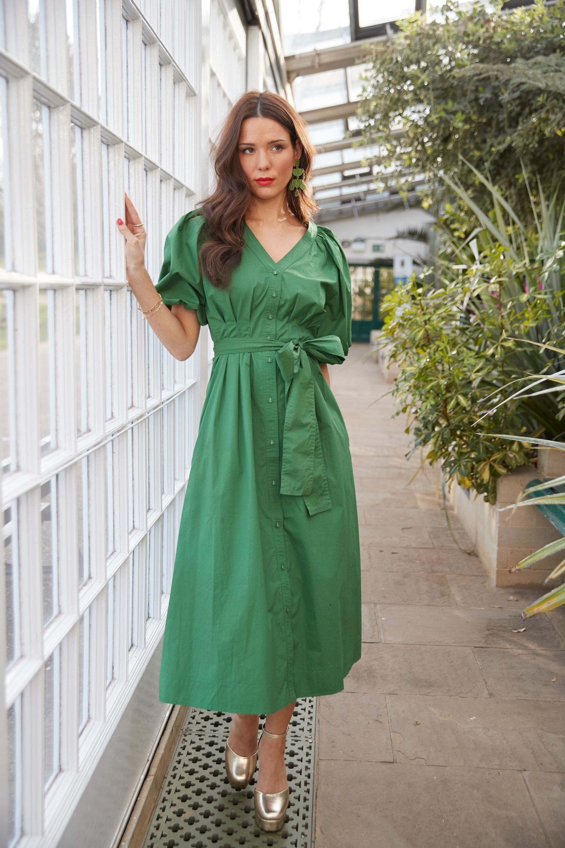 Another Sunday Green 100 Cotton Puff Sleeve Midi Dress with Tie Waist In White
