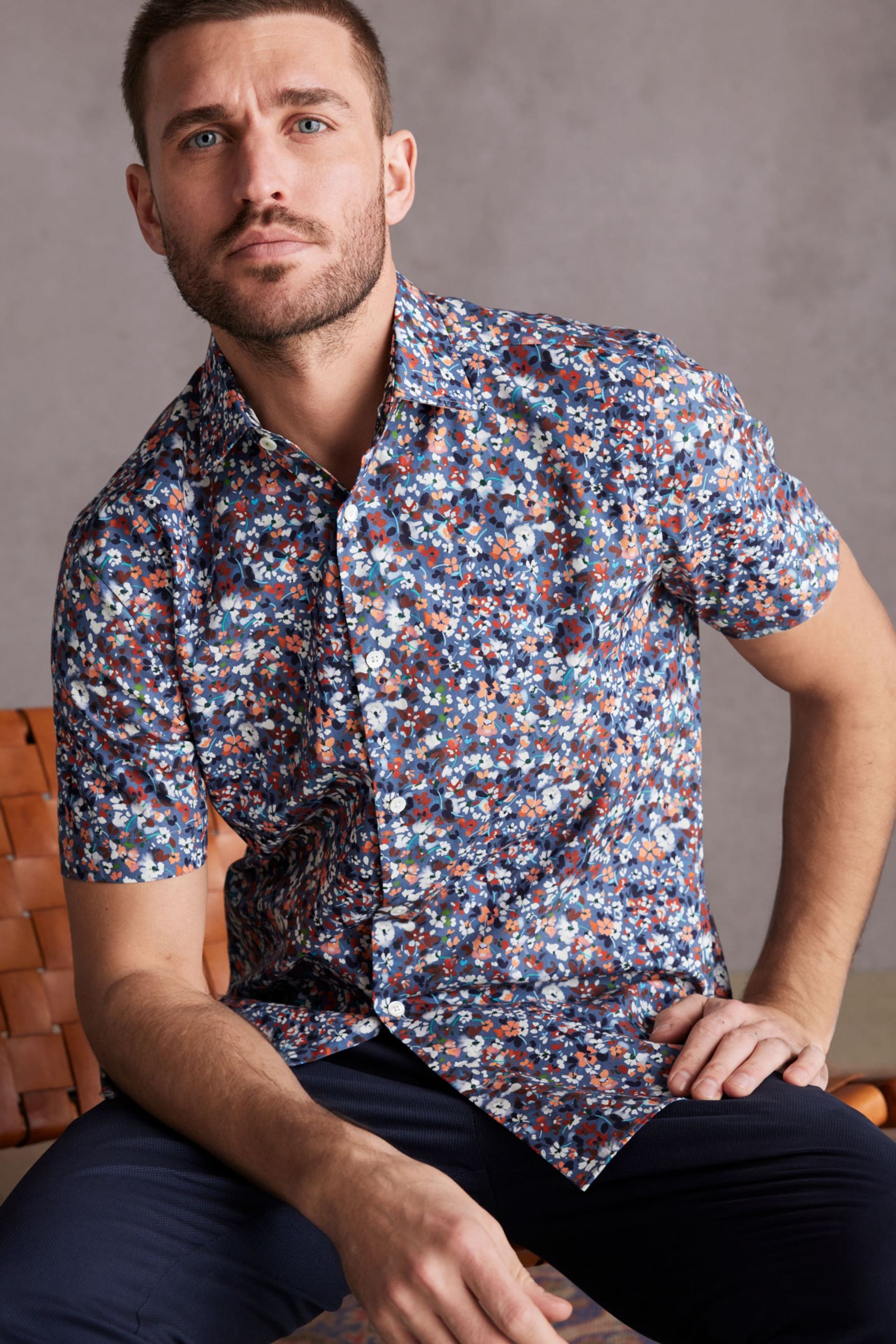 Blue Floral Signature Made With Italian Fabric Printed Short Sleeve Shirt - Image 1 of 7