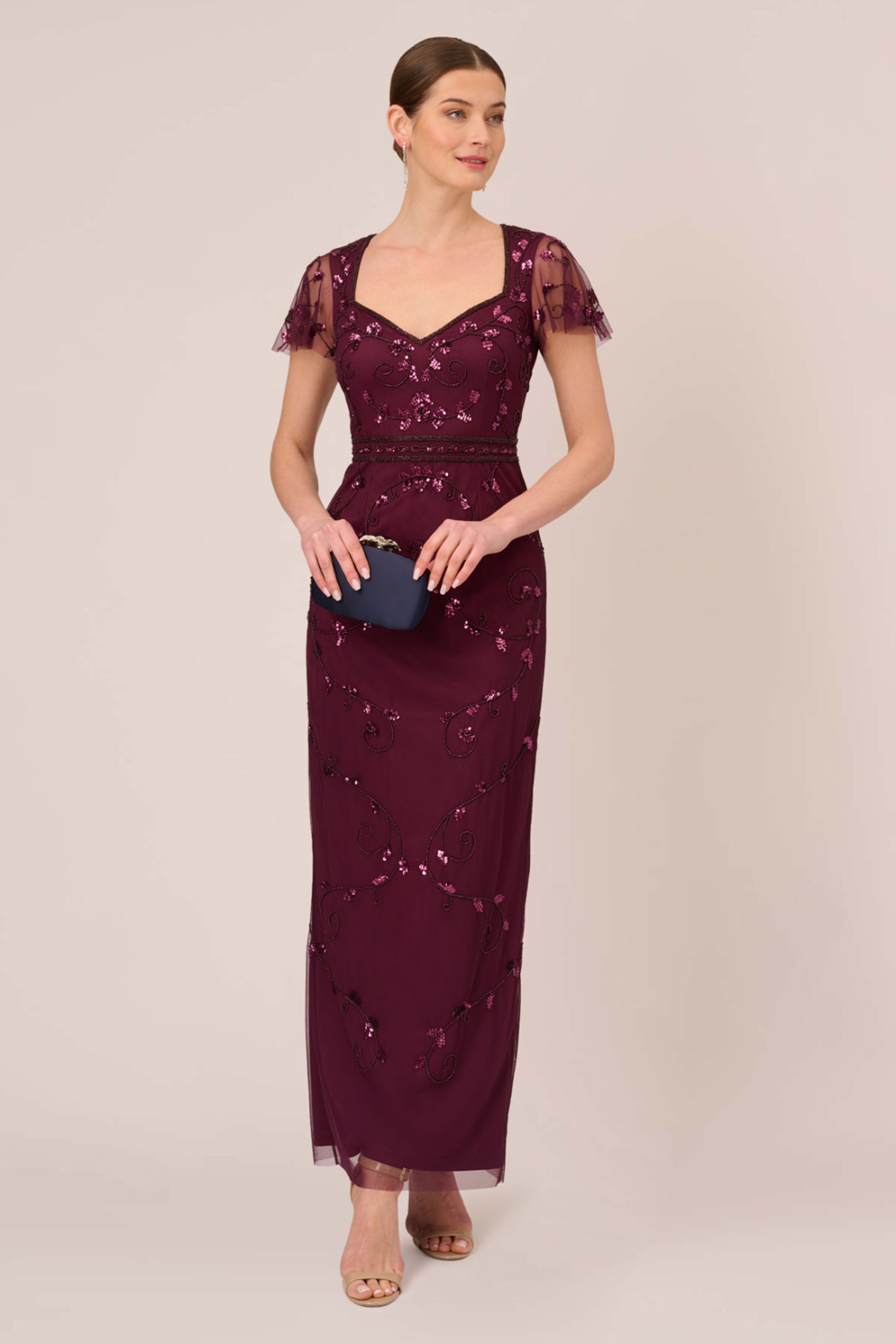 Red beaded dress long on sale