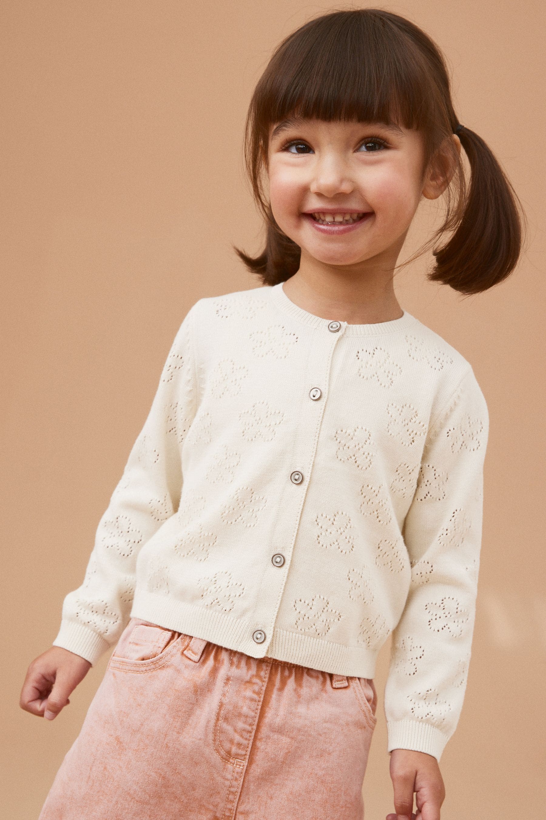 Ecru Cream Marl 100 Cotton Flower Pointelle Cardigan 3mths 10yrs