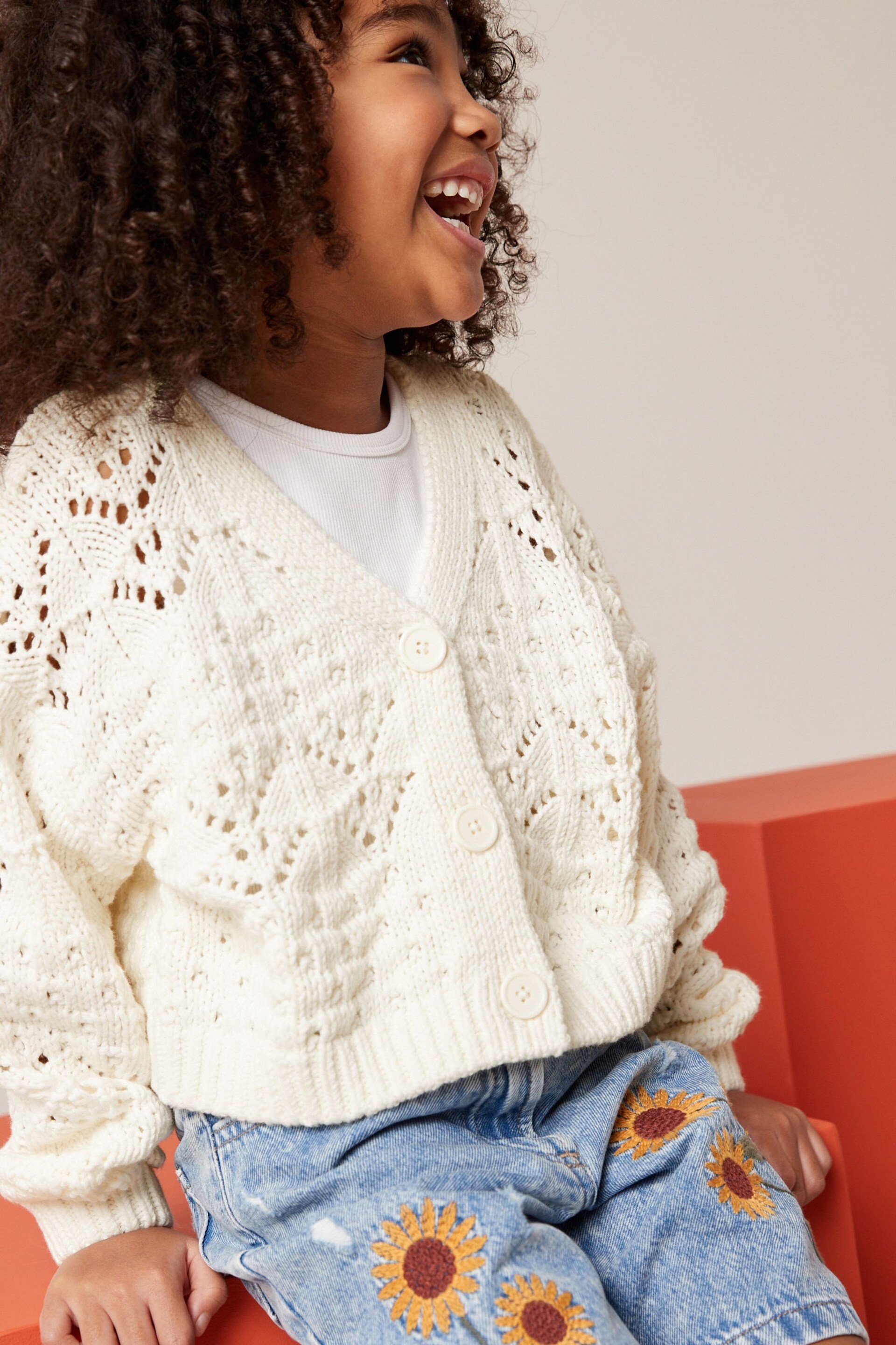 Ecru Cream Crochet V-Neck Cardigan (3-16yrs) - Image 3 of 6